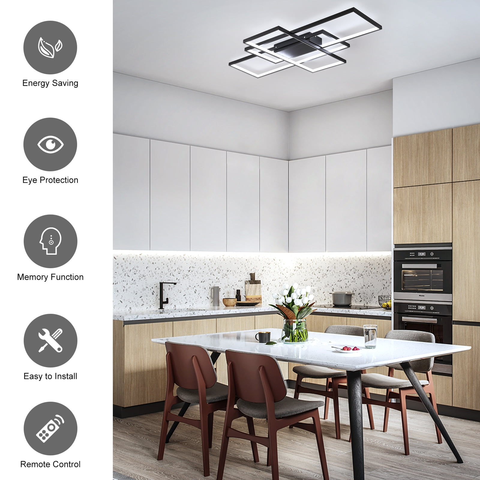 Garwarm 3-Square LED Ceiling Light, Modern Flush Mount Fixture with Remote Control (Black, 35.4 in) 58gf2