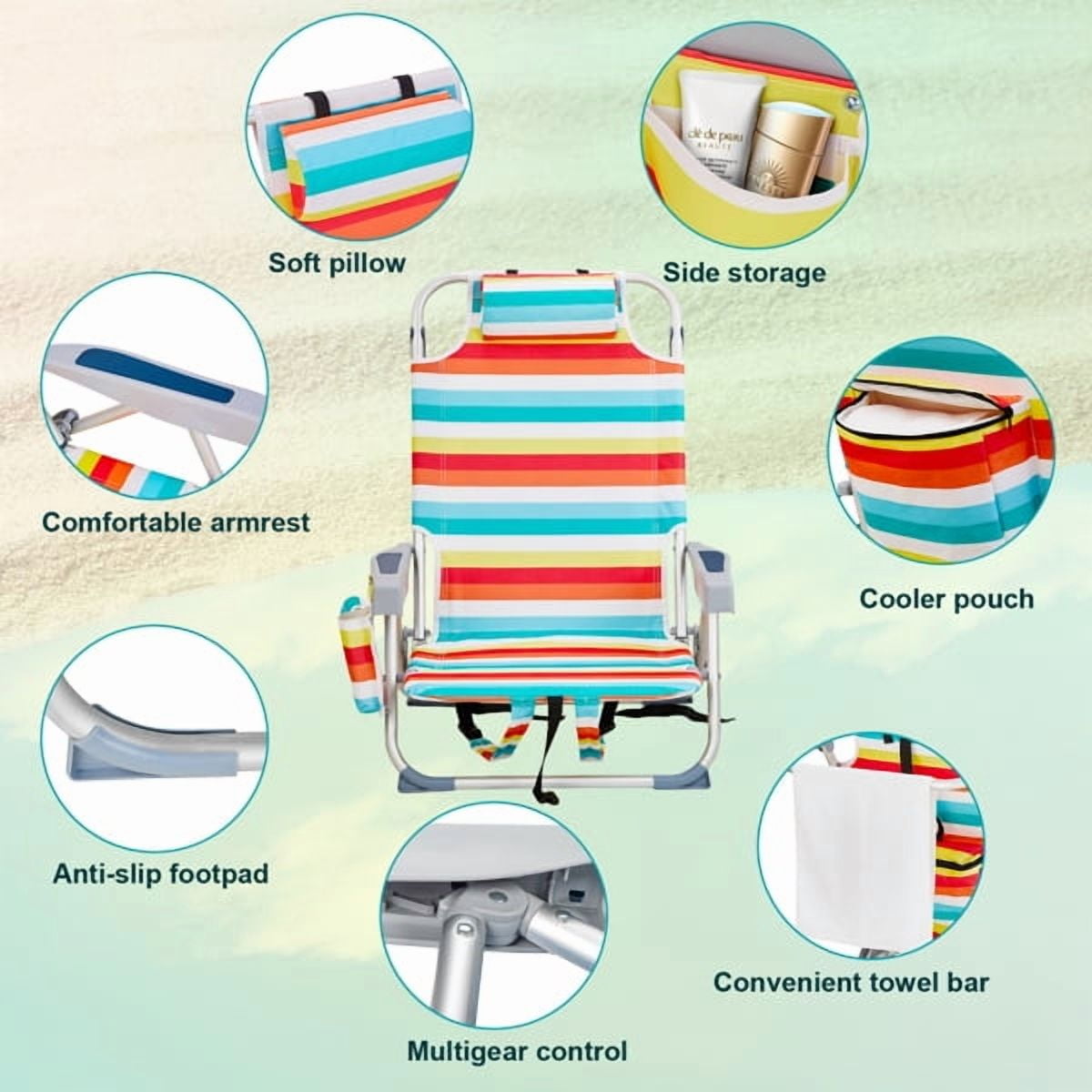 AsterOutdoor Folding Beach Chair with Adjustable Backrest and Cup Holder (Rainbow Stripes, 220 lb Capacity) d2h9m