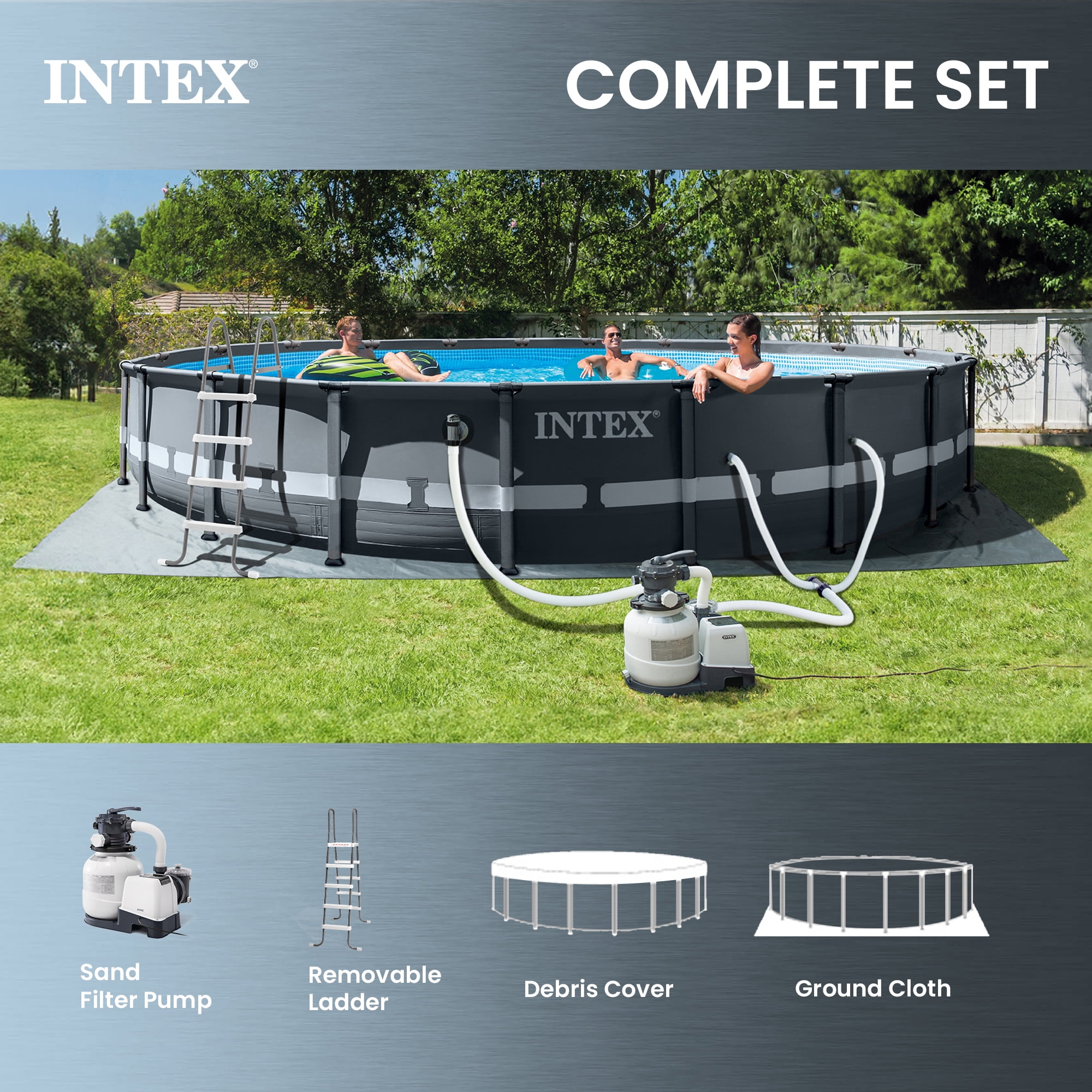 Intex Ultra XTR Above Ground Swimming Pool Set with Filter Pump and 50 lb Sand (20 ft x 48 in, Grey) s2ox0