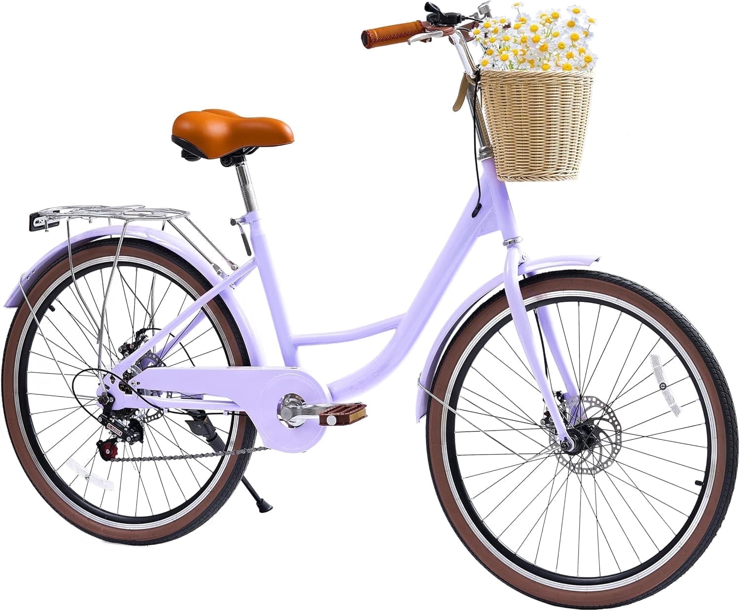 NEORIVER Beach Cruiser Bike for Women, 7-Speed Step-Through Frame with Rattan Basket (24 in) 8jyef