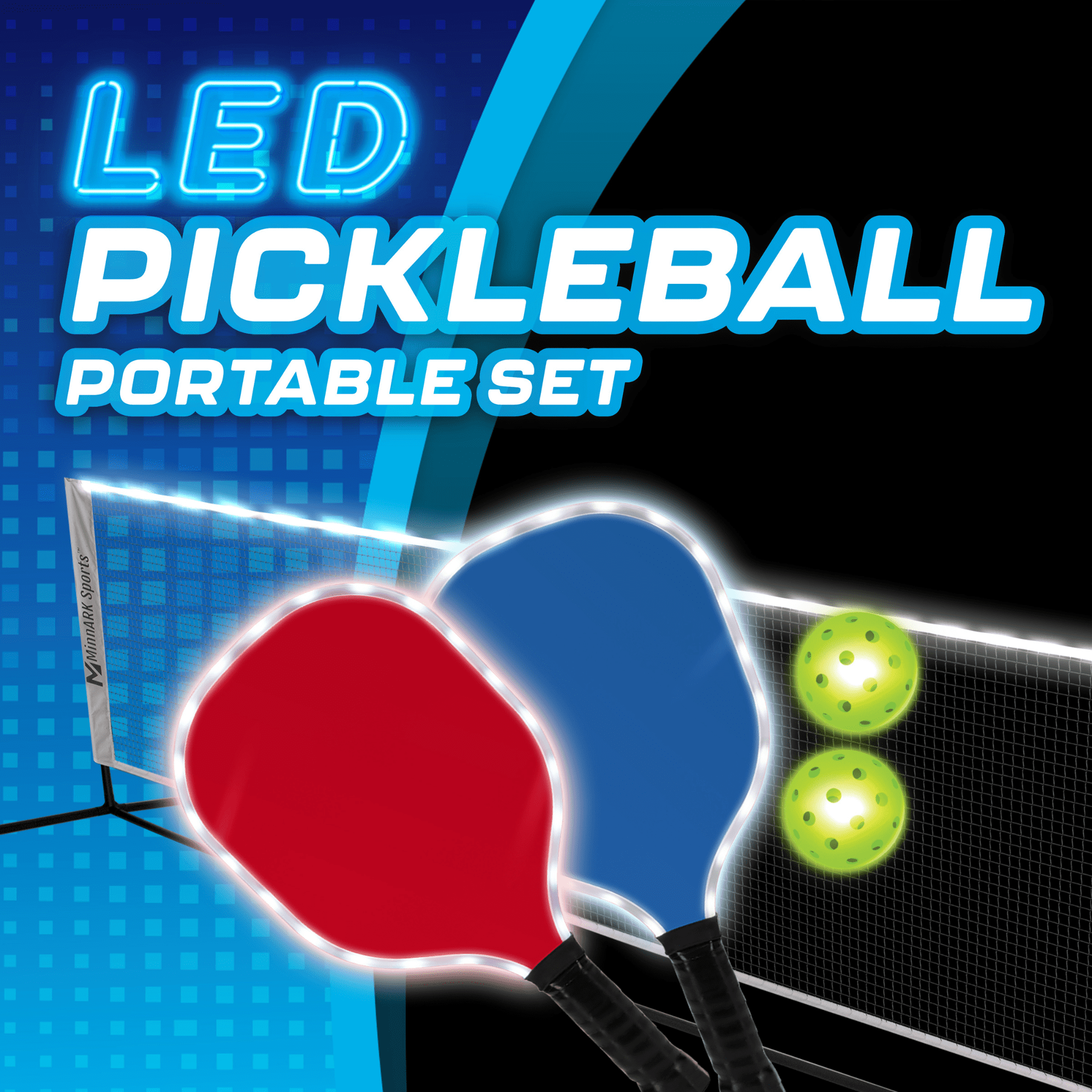 MinnARK LED Pickleball Set with Light-Up Net, Paddles, and Balls (142 in) qoe08