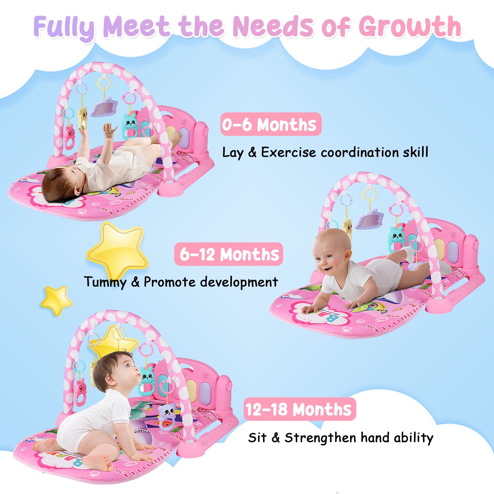 RICHYOUNG Baby Gym Play Mat 3-in-1 Musical Fitness Activity Center with Piano and Hanging Toys (Pink, 30 in x 22 in x 17 in) hbu2g