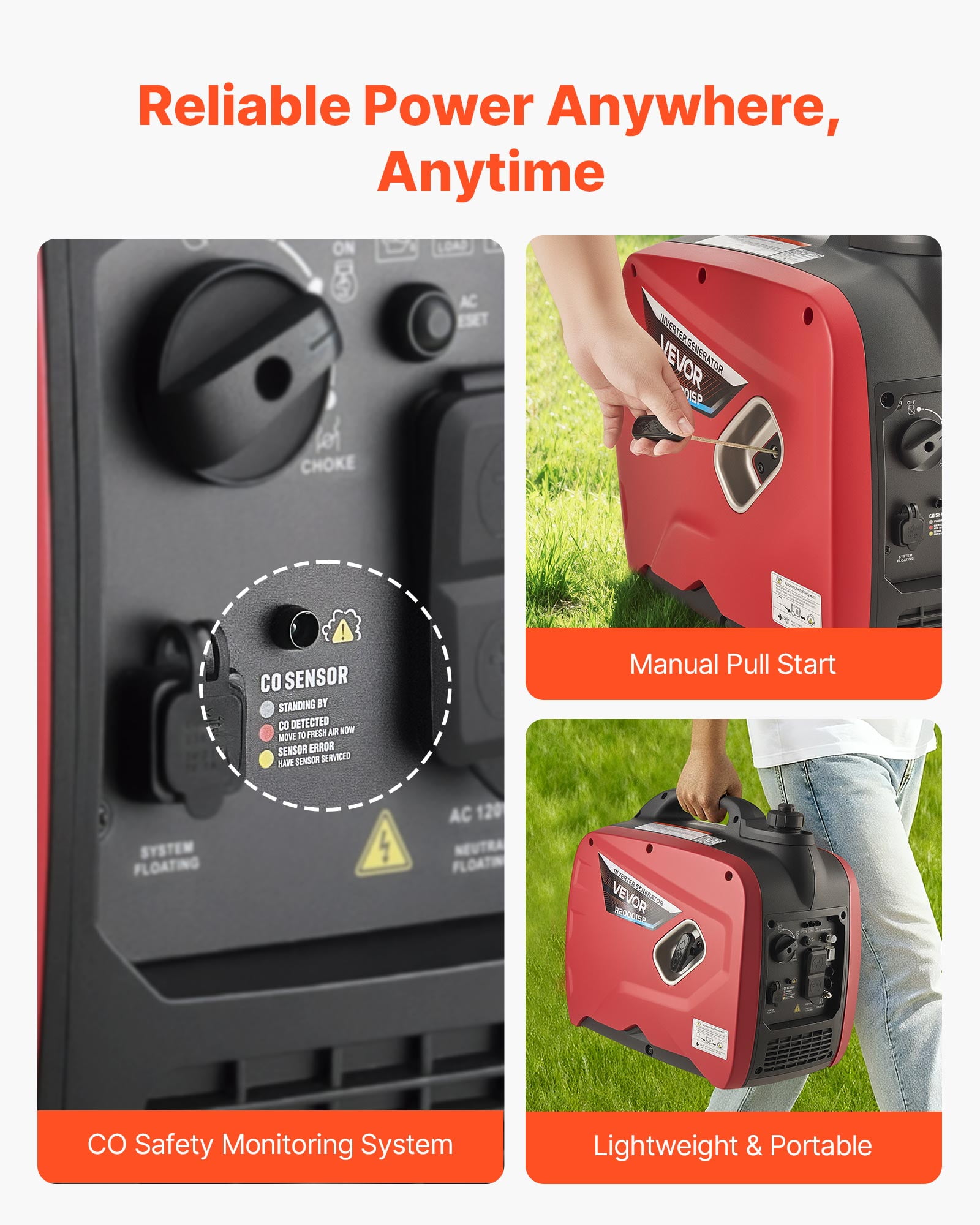 VEVOR Portable Inverter Generator, 2900W Peak Power Gas Powered Quiet Generator for Home and Camping (Orange/Black, 1.1 gal) 8ehr6