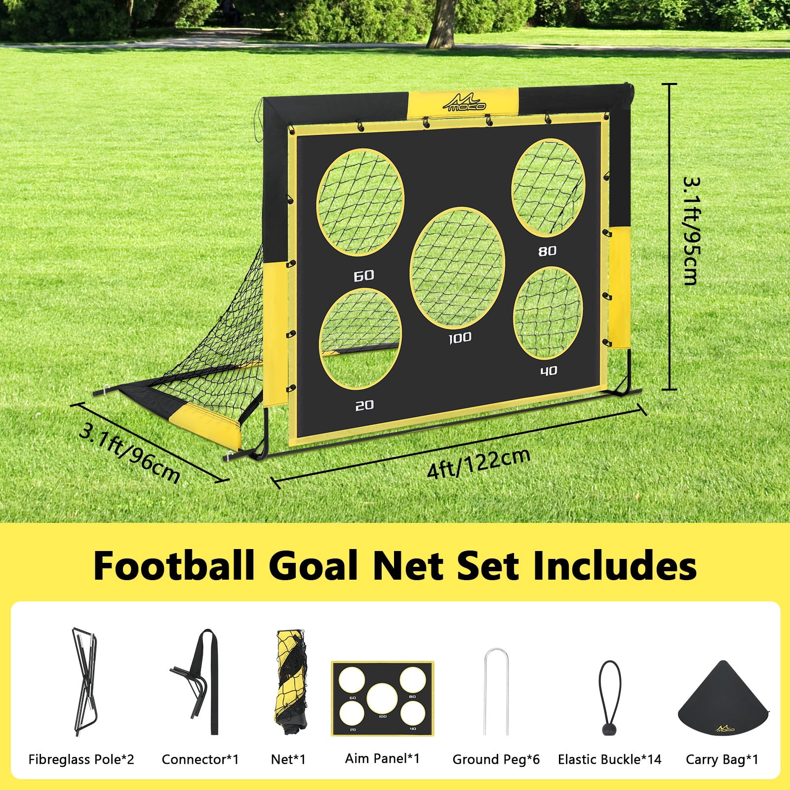 MoKo Portable Soccer Goal for Kids, 2-in-1 Pop Up Training Net with Target Practice (Yellow, 4 ft x 3 ft) vmzvd