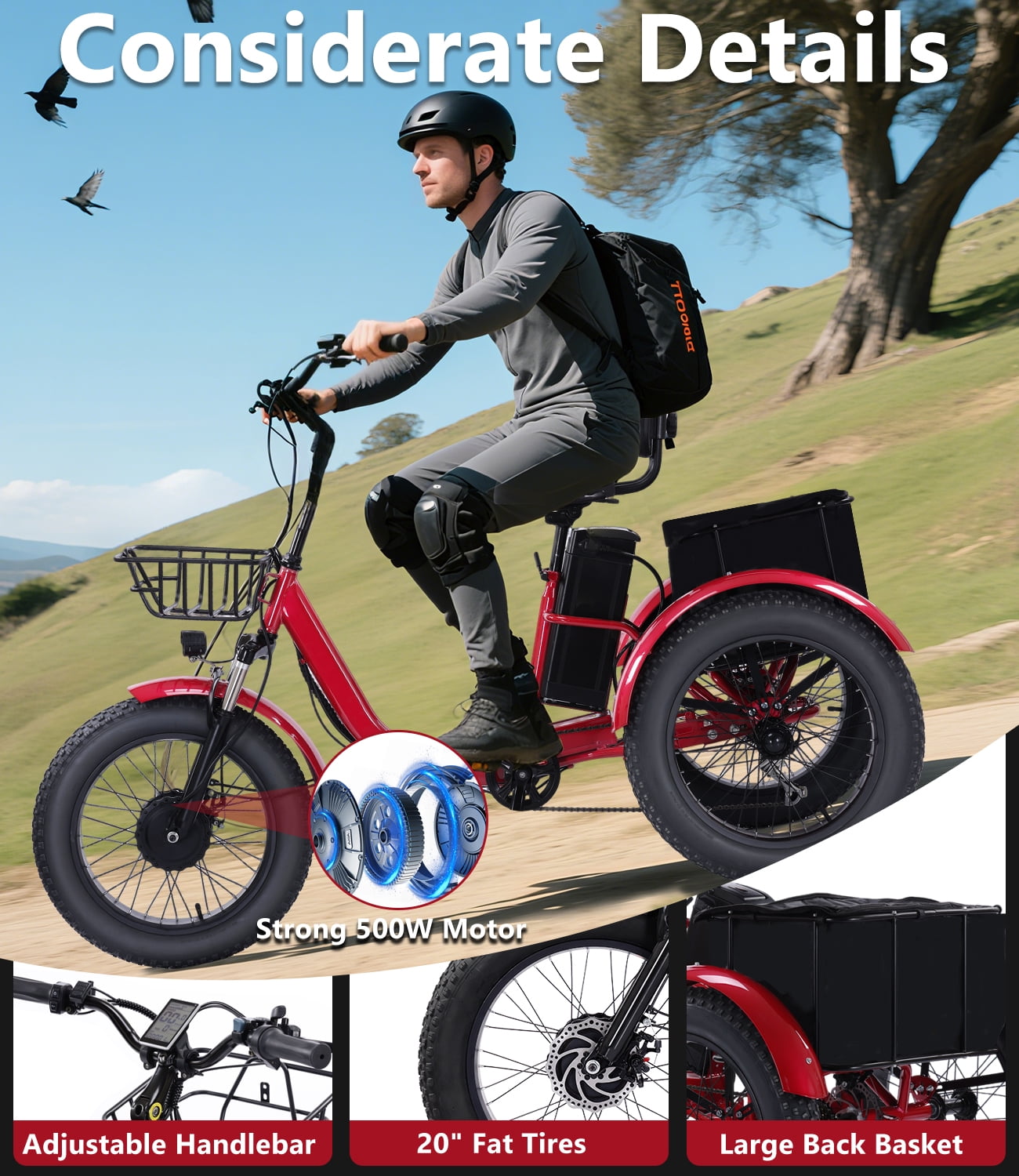EASINGO Electric Tricycle for Adults 500W Motor 7-Speed Fat Tire E-Trike with Rear Basket (Red, 330 lb Capacity) w42tx