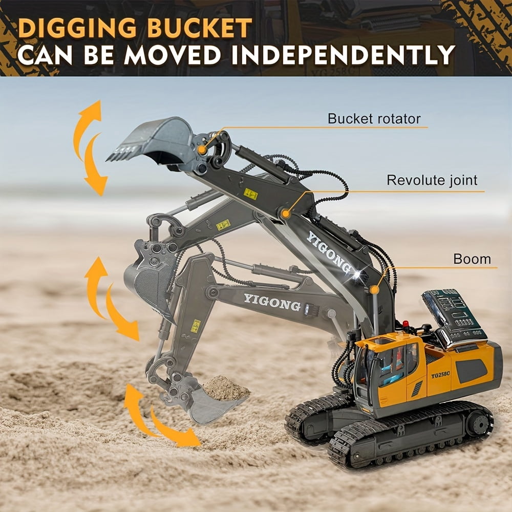TZDZRC Remote Control Excavator, 11 Channel RC Construction Vehicle, Fully Functional Alloy Bucket (Yellow, 1/20 Scale) hynbb