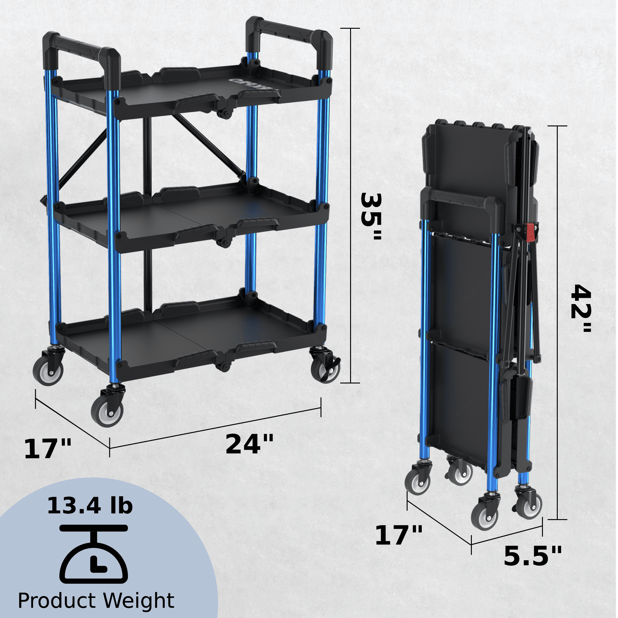 WORKPRO 3-Tier Folding Utility Cart, Heavy-Duty Rolling Service Cart with Swivel Wheels (Blue, 210 lb Capacity) gtndd
