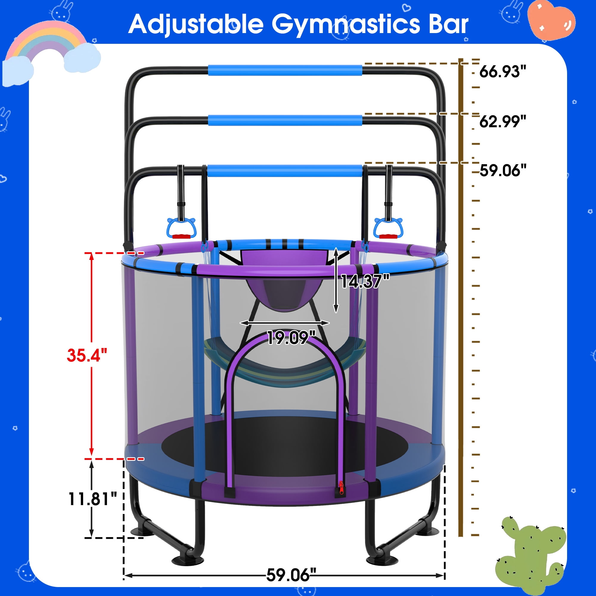 Cochan Kids Trampoline with Enclosure Net and Adjustable Gymnastics Bar (Blue, 5 ft) sq8dr