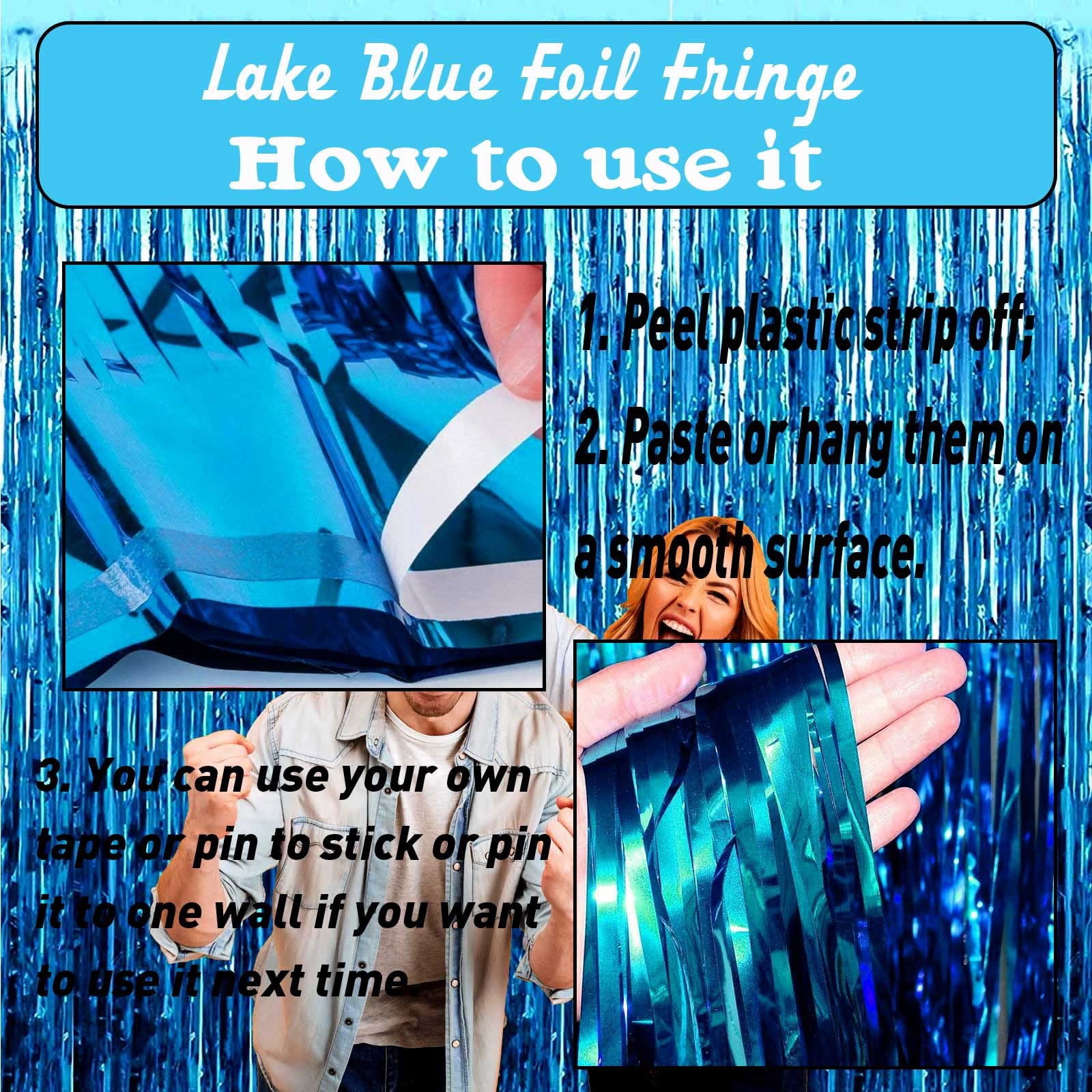 Gogcaro Foil Fringe Backdrop Curtains, Metallic Tinsel Streamers for Party Decorations (Lake Blue, 3 Pack, 3.2 ft x 9.8 ft) 8riwb