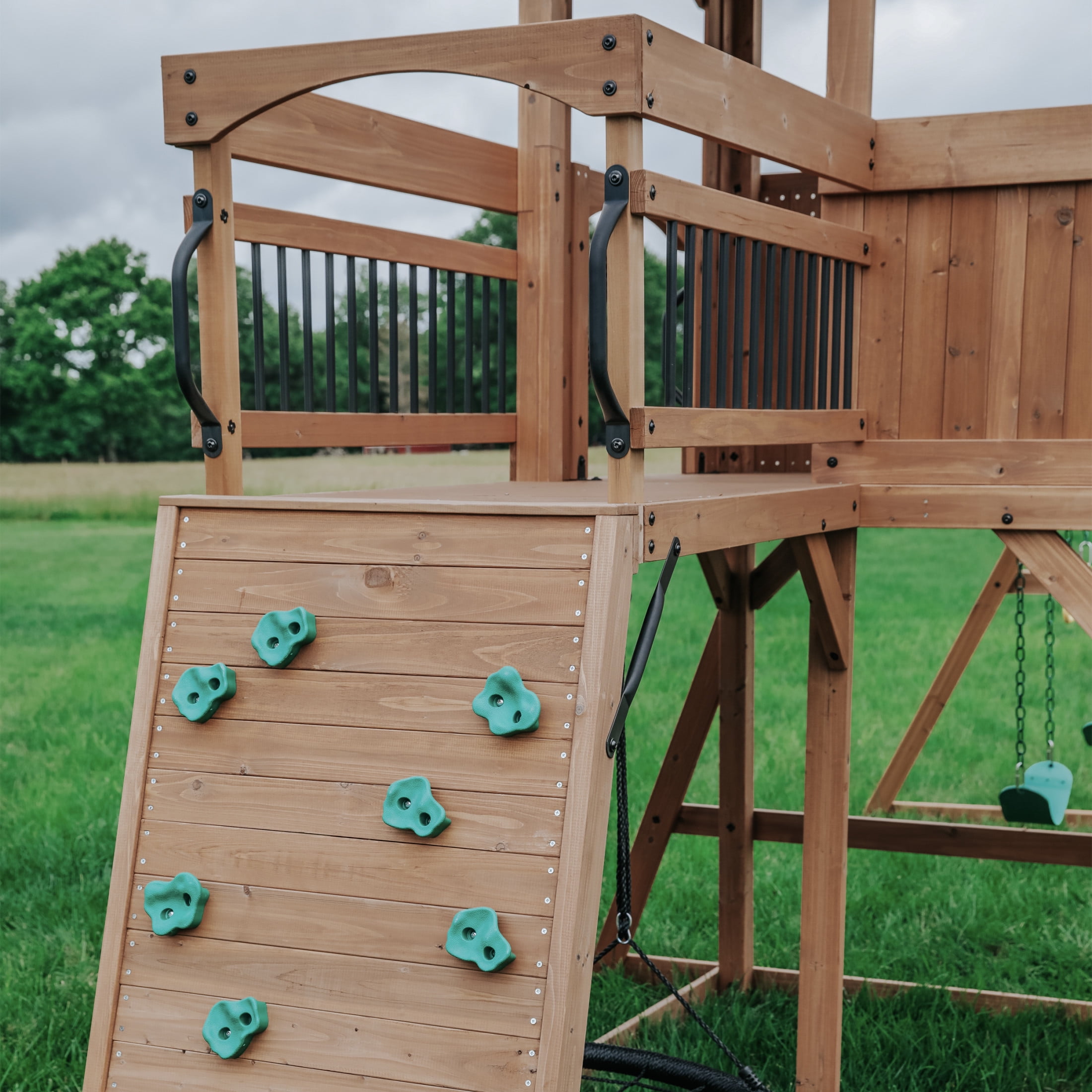 Backyard Discovery Sterling Point Cedar Wood Swing Set with Clubhouse, Slide, and Bridge (Brown, 19 ft x 13 ft) n73lz