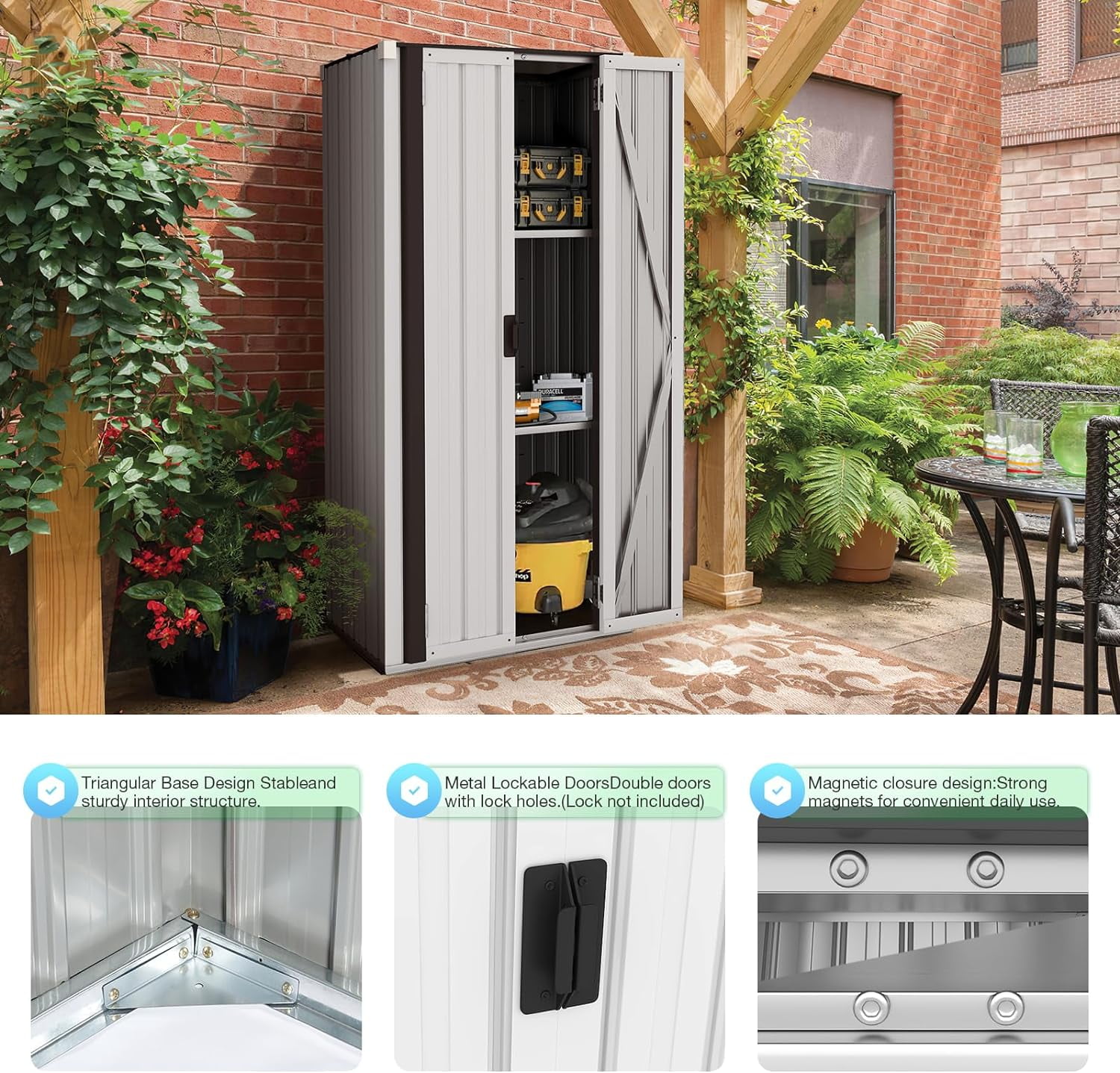 AECOJOY Outdoor Storage Cabinet Metal Organizer with Adjustable Shelves and Lockable Doors (White) lcobe