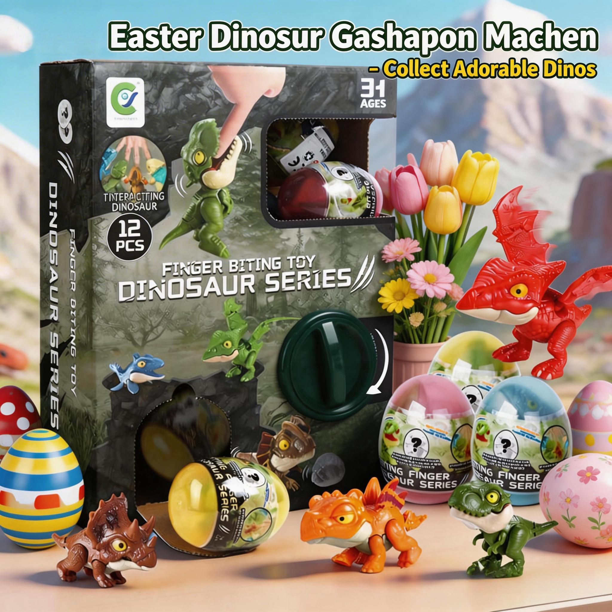 HNZENBW Dinosaur Egg Gachapon Toy Set with Biteable Fingertip Figures (Green, 12 Piece Set) mj3iq