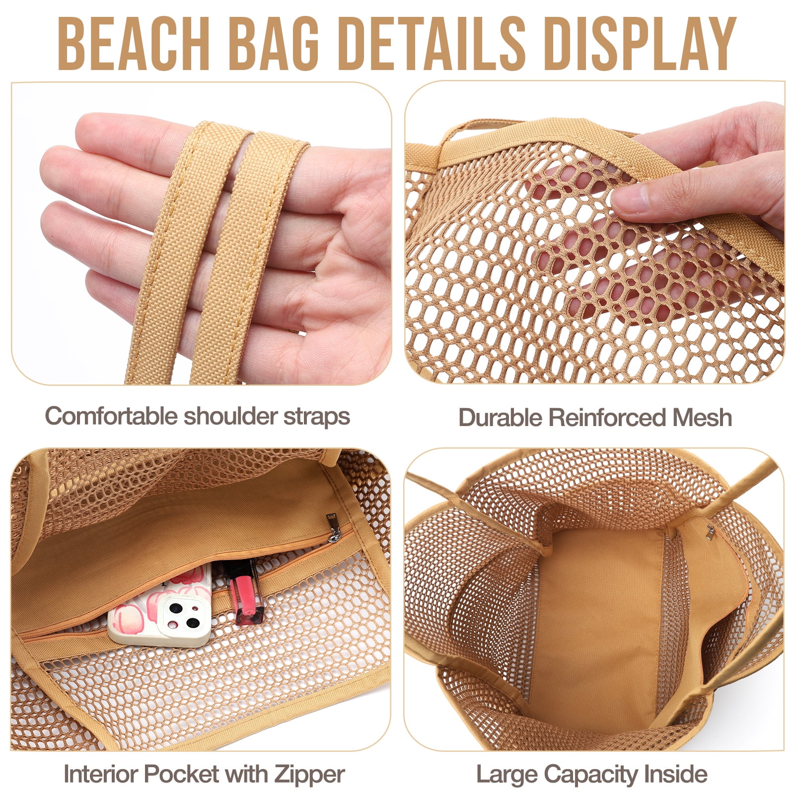Gocvo Mesh Beach Bag for Women, Large Foldable Swim Tote with Pockets (Beige, 17 x 6.2 x 14 in) k1fg4 - Image 3