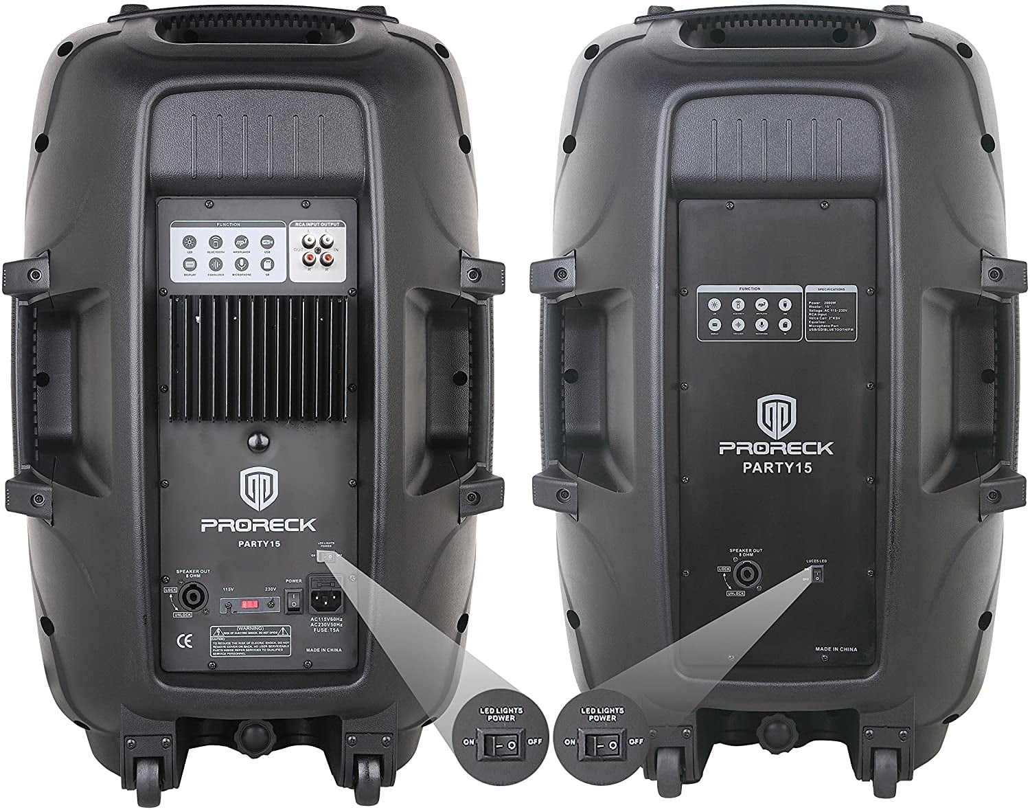 Proreck Party Portable 15 in 2000 Watt 2-Way Powered PA Speaker System with Bluetooth, LED Lights, and Wired Microphone (15 in) w7x90