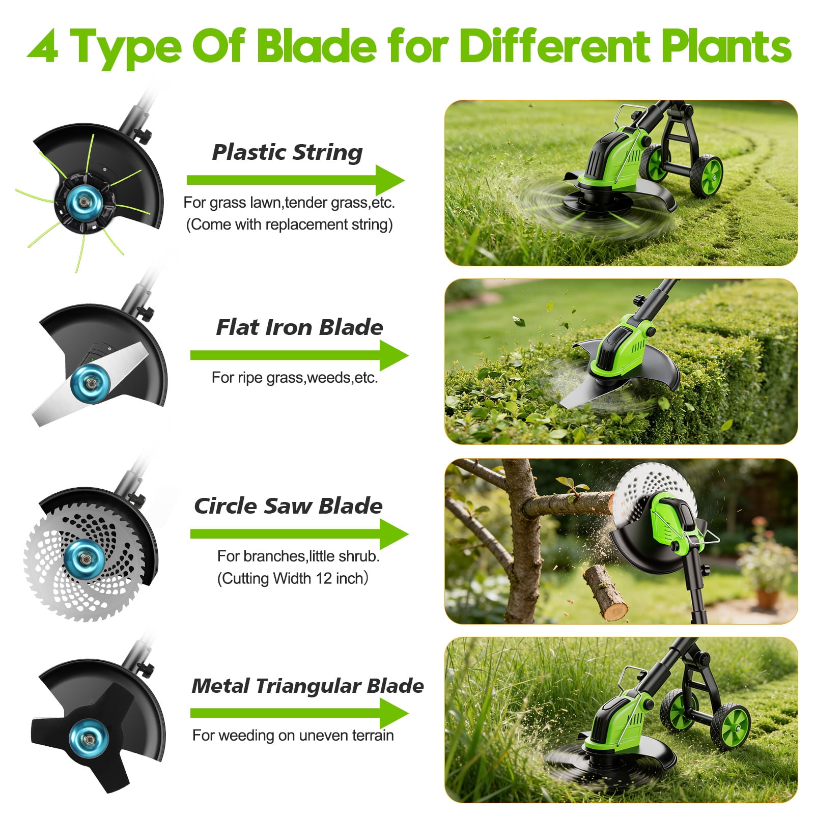 Fovendi Electric Weed Eater, 4-in-1 Cordless Grass Trimmer and Brush Cutter with Wheeled Support (Green, 12 in) 7q6mq