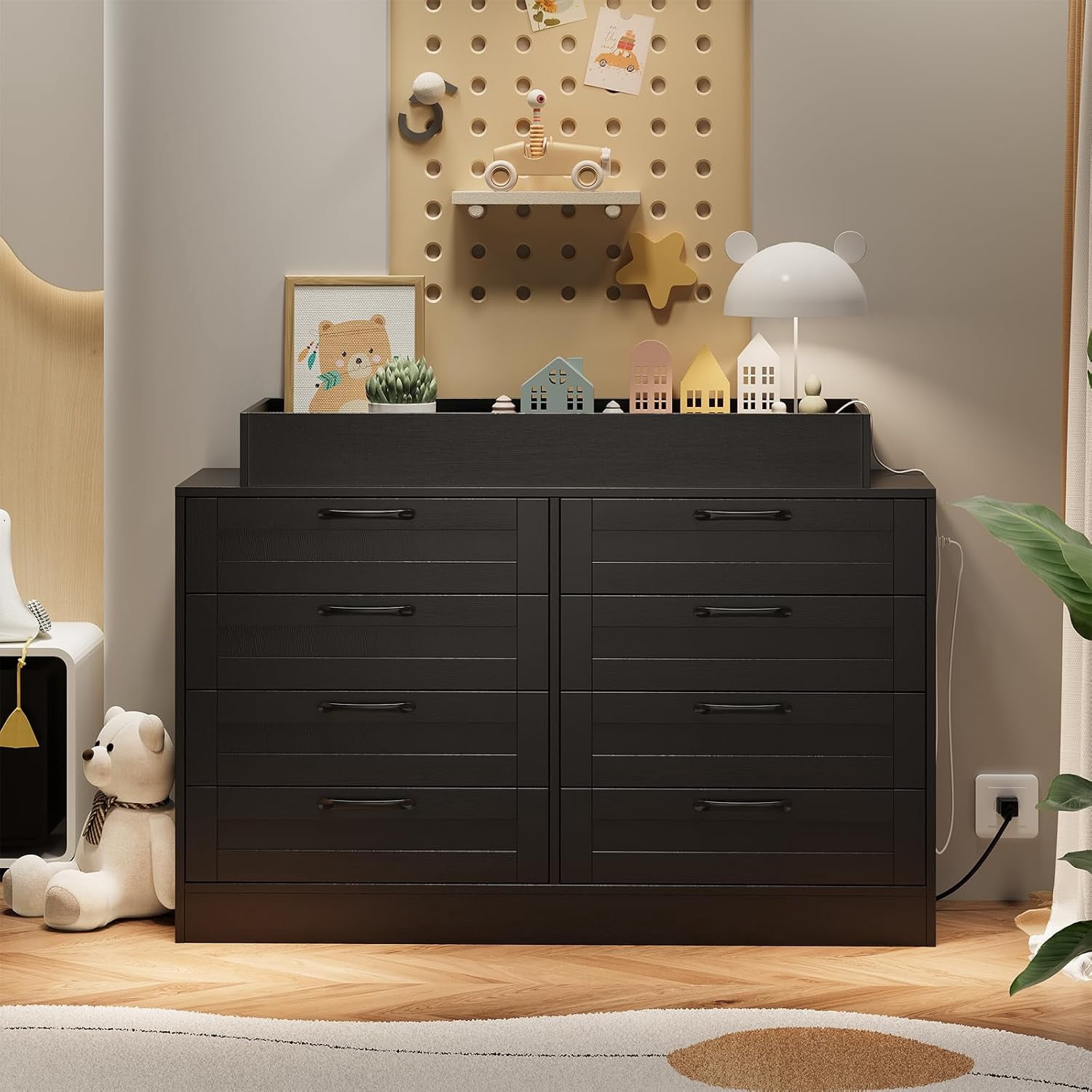 Towallmark Baby Changing Dresser with 8 Drawers, Nursery Storage Organizer with Safety Rail and Open Shelf (Black) 9bsiv