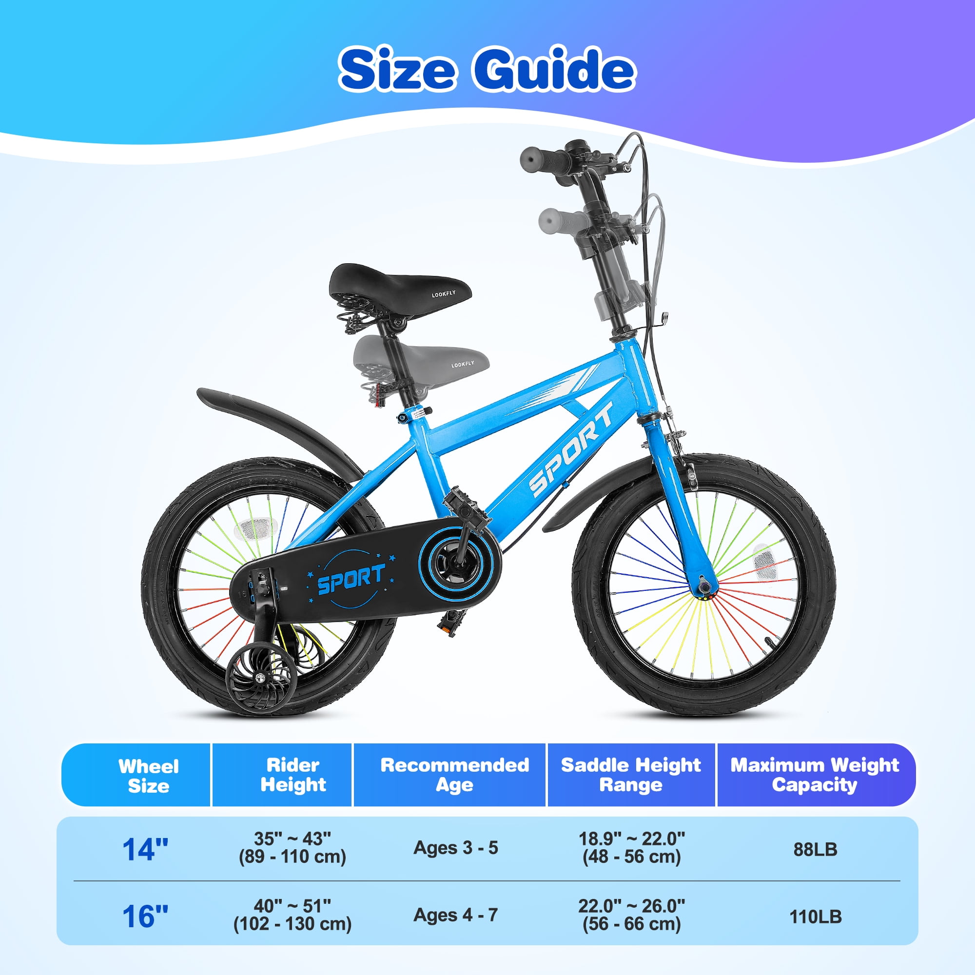 Lookfly 14-inch Kids Bike with Removable Training Wheels and Steel Frame (Blue, 14 in) oyaju