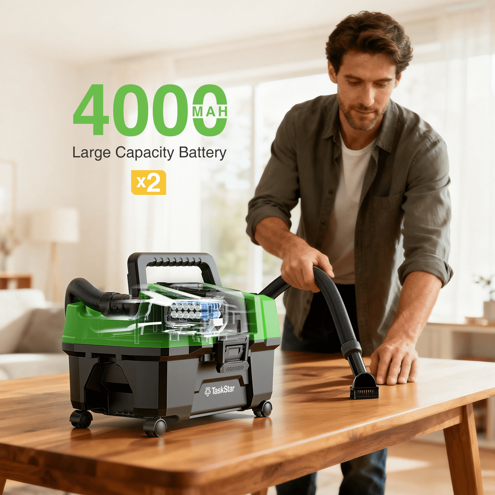 TaskStar Cordless Wet Dry Shop Vacuum with Blower, Brushless Motor, 2 Batteries, Portable Shoulder Strap (Green, 2.6 gal) hcs8i