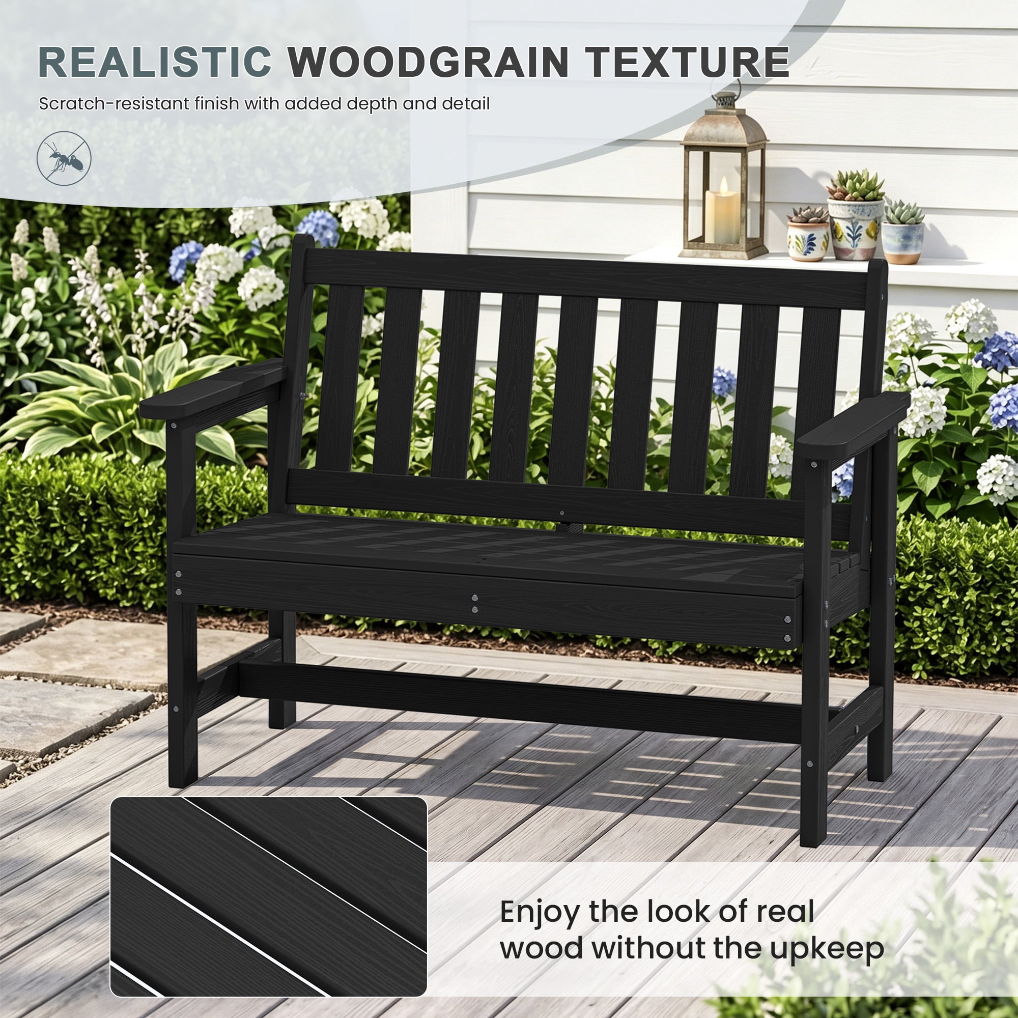 SERWALL Outdoor Patio Bench, Weather-Resistant HDPE 2-Person Garden Seating with Aluminum Reinforcement (Black, 48.82 in W) u8v4c