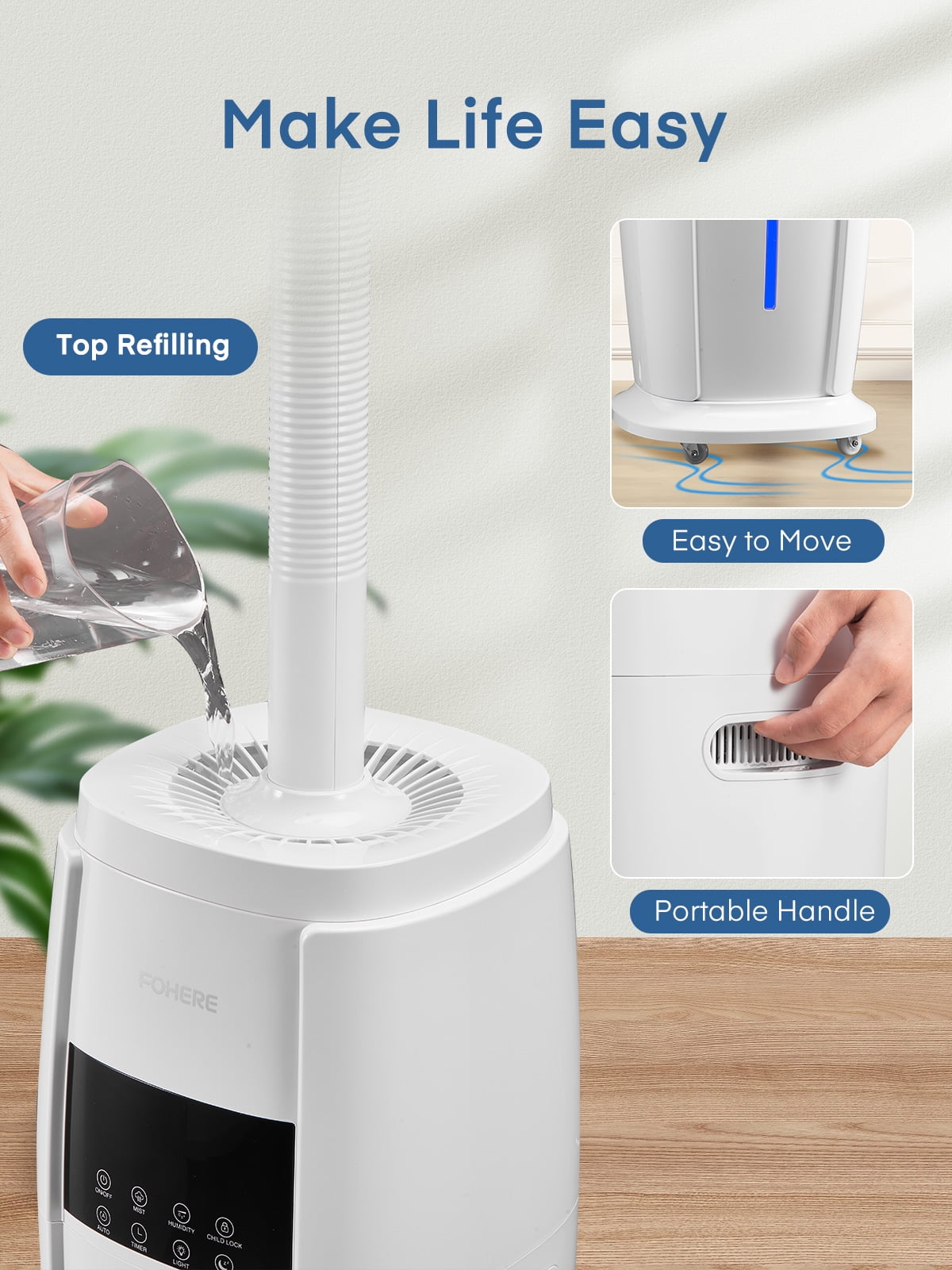 FOHERE Cool Mist Tower Humidifier for Large Rooms, Whole House Ultrasonic Humidifier with Remote Control (White, 4.8 gal) 29esc