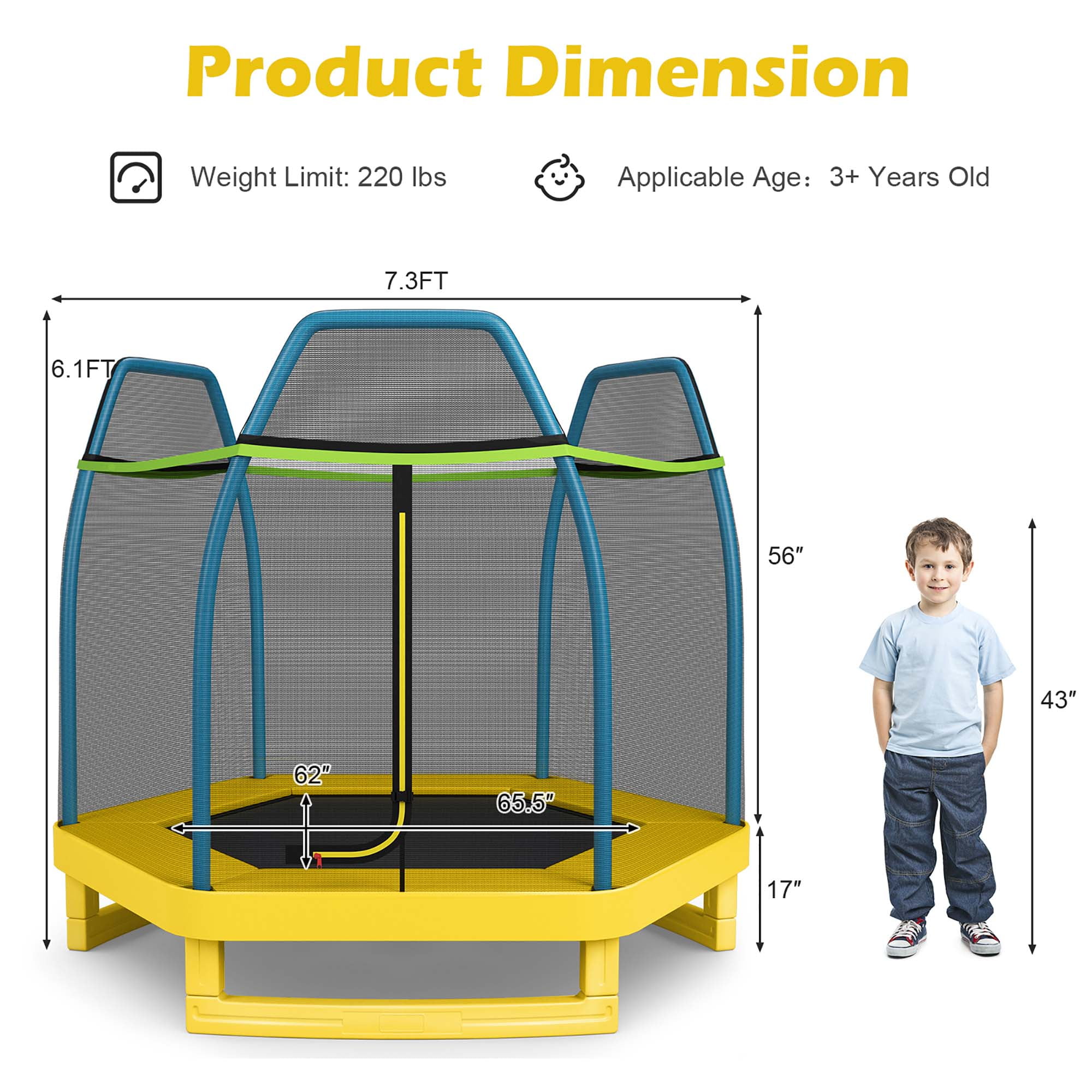 Costway 7 FT Kids Trampoline with Safety Enclosure Net and Padded Frame (Green, 7 ft) suyq4