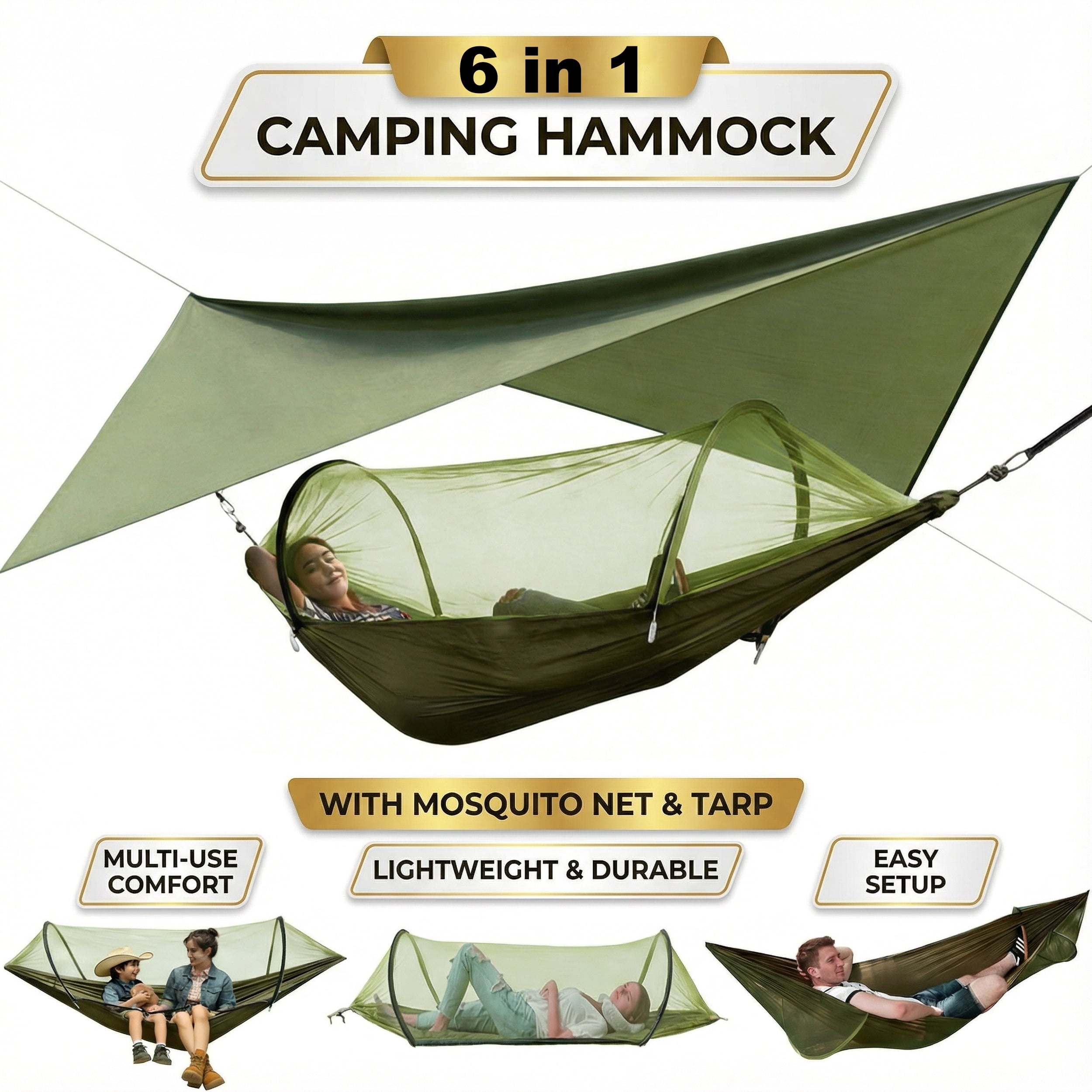 EZBY Camping Hammock with Mosquito Net and Sunshade Tarp (Green, 102 in x 55 in) 0c656