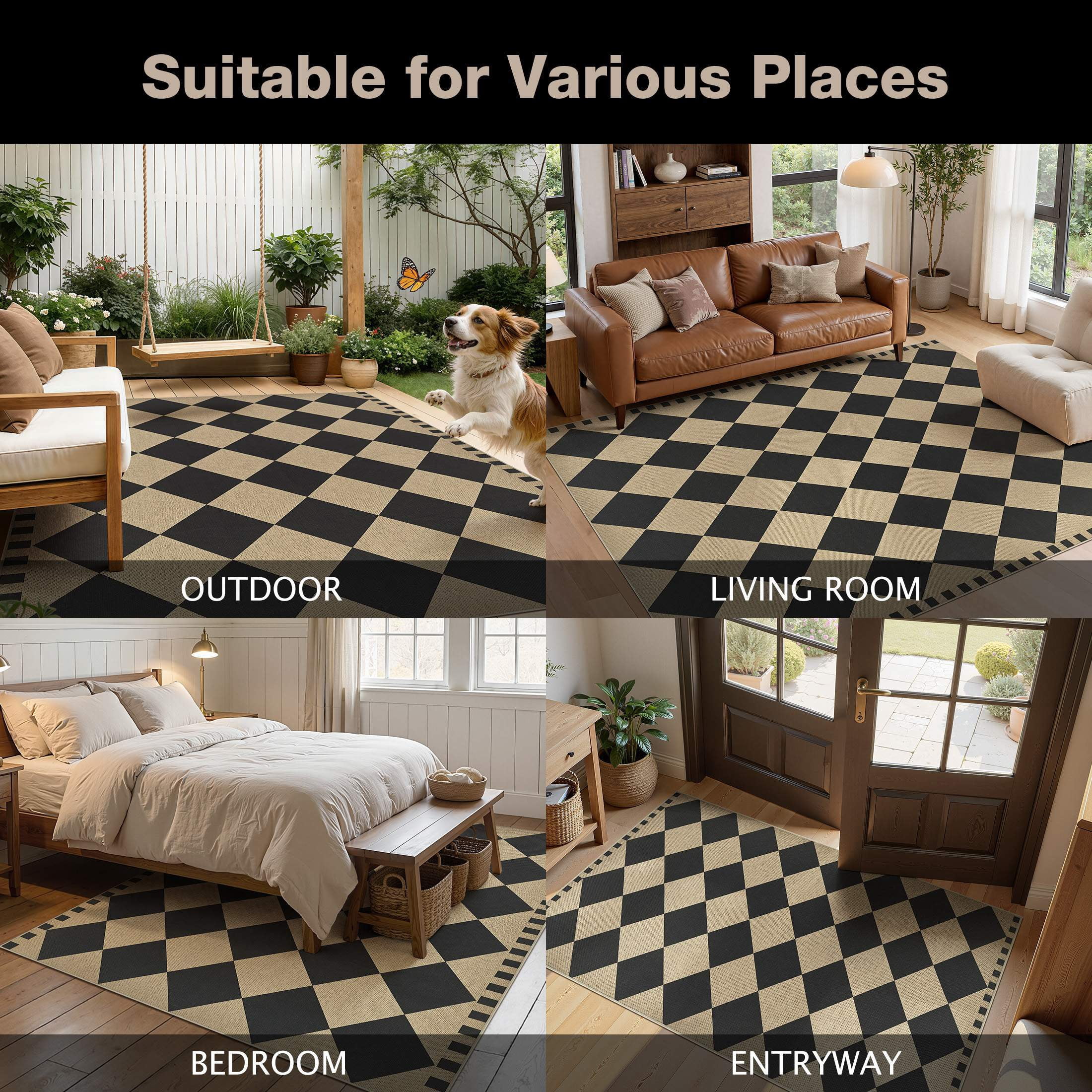 UERMEI Checkered Geometric Area Rug, Non-Slip Washable Farmhouse Carpet for Living Room and Dining Room (Black, 5 ft x 7 ft) l34aq