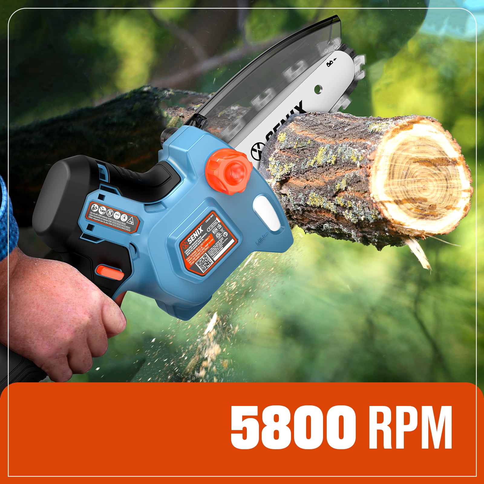 Senix 20V Cordless Mini Chainsaw, High-Efficiency Brushless Motor with 5Ah Battery and Charger (Blue, 5 in) qo9ur