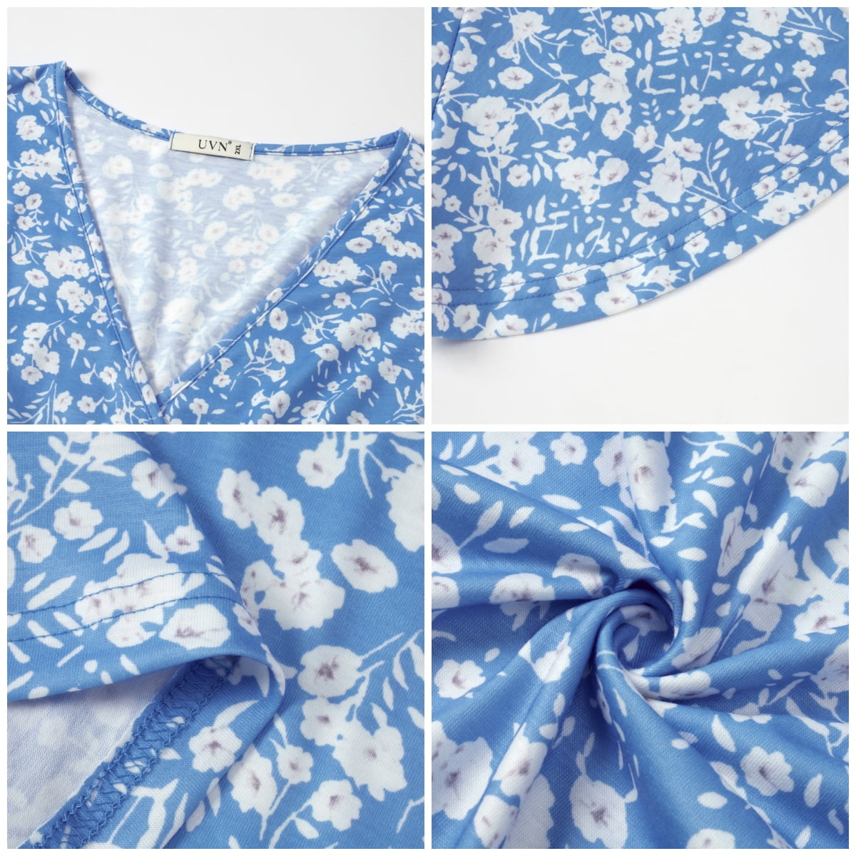 UVN Women's Floral Print Midi Dress V-Neck Short Sleeve A-Line Boho Sundress (Blue, L) no2j3