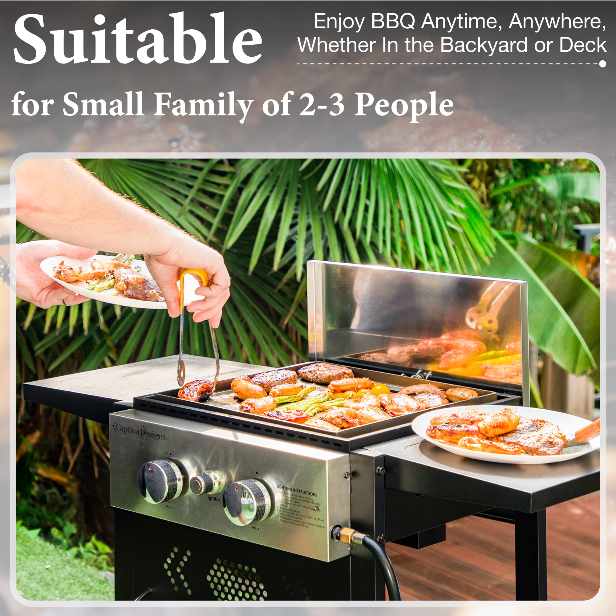 Phi Villa 2-Burner Propane Grill and Griddle Cooking Station with Side Shelves (Black) 2g8b0