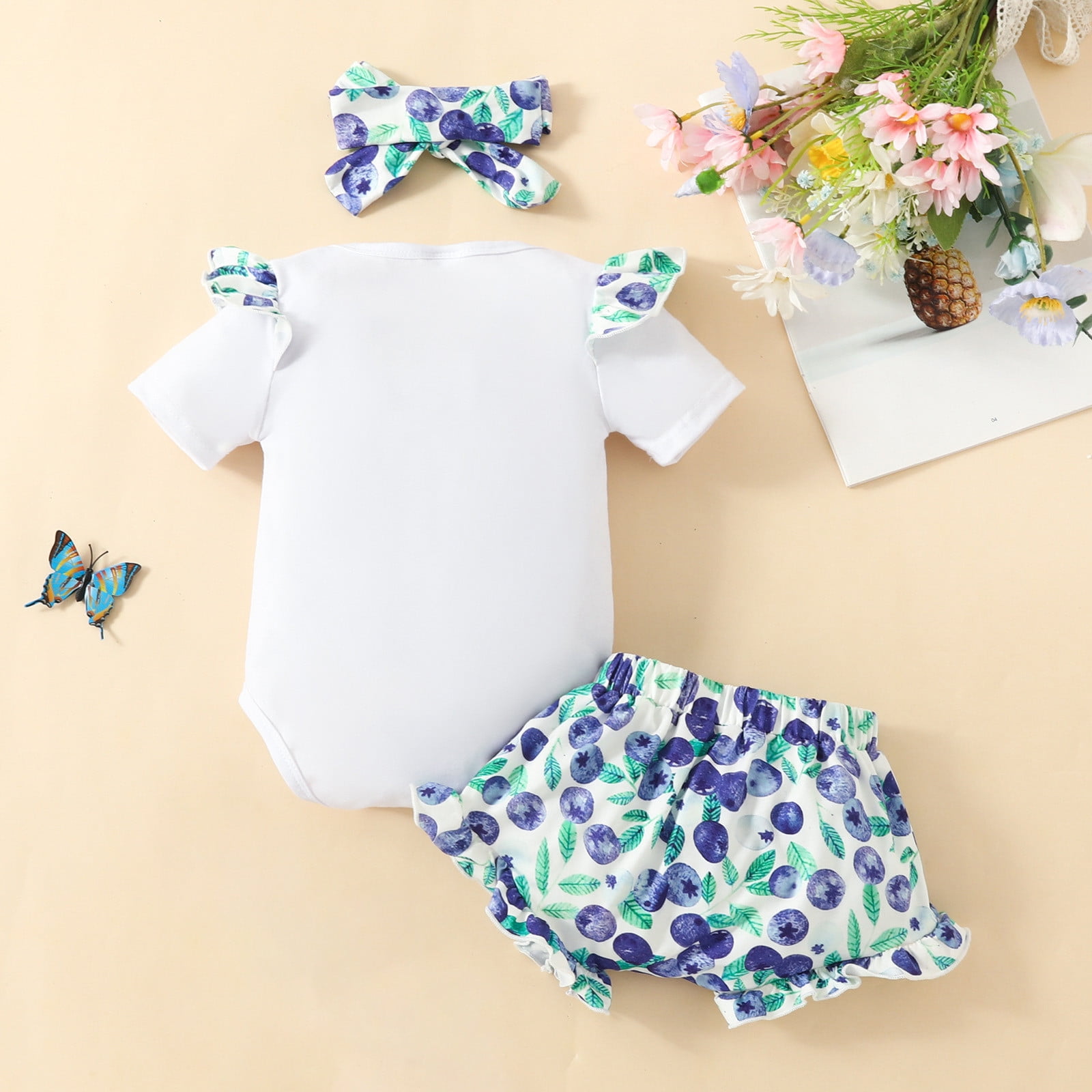 THDHVS Baby Girl Floral Bubble Romper Cotton Bodysuit Outfit Set (White, 9-12 Months) na2es