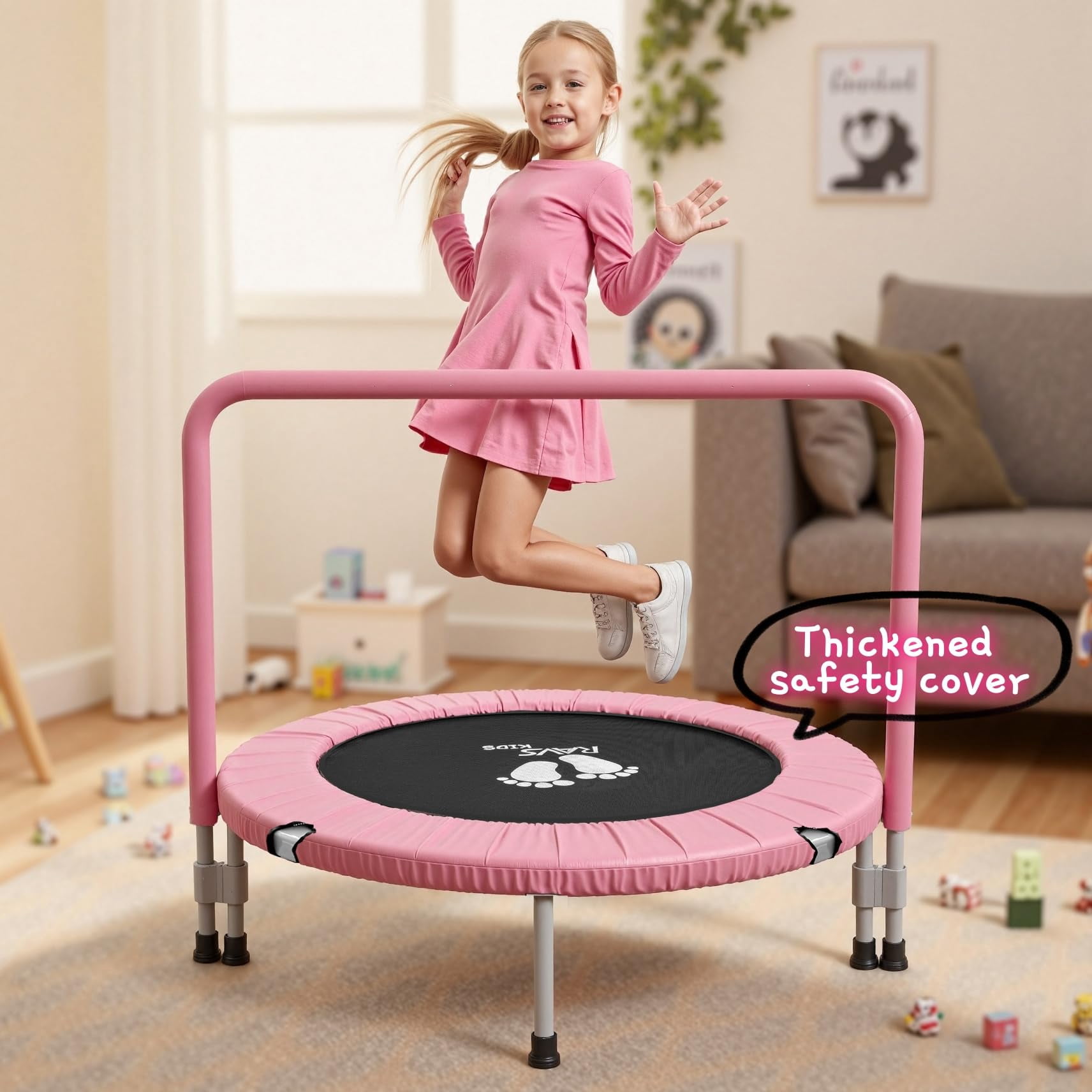 RAVS Toddler Trampoline with Adjustable Foam Handle, Foldable Indoor and Outdoor Rebounder (Pink, 36 in) q8hht