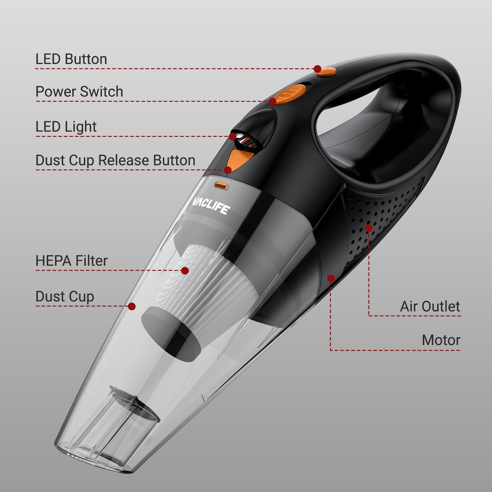 VacLife Handheld Vacuum Cordless Car Cleaner with HEPA Filter and LED Light (Orange, 1.46 lb) 3nkvo
