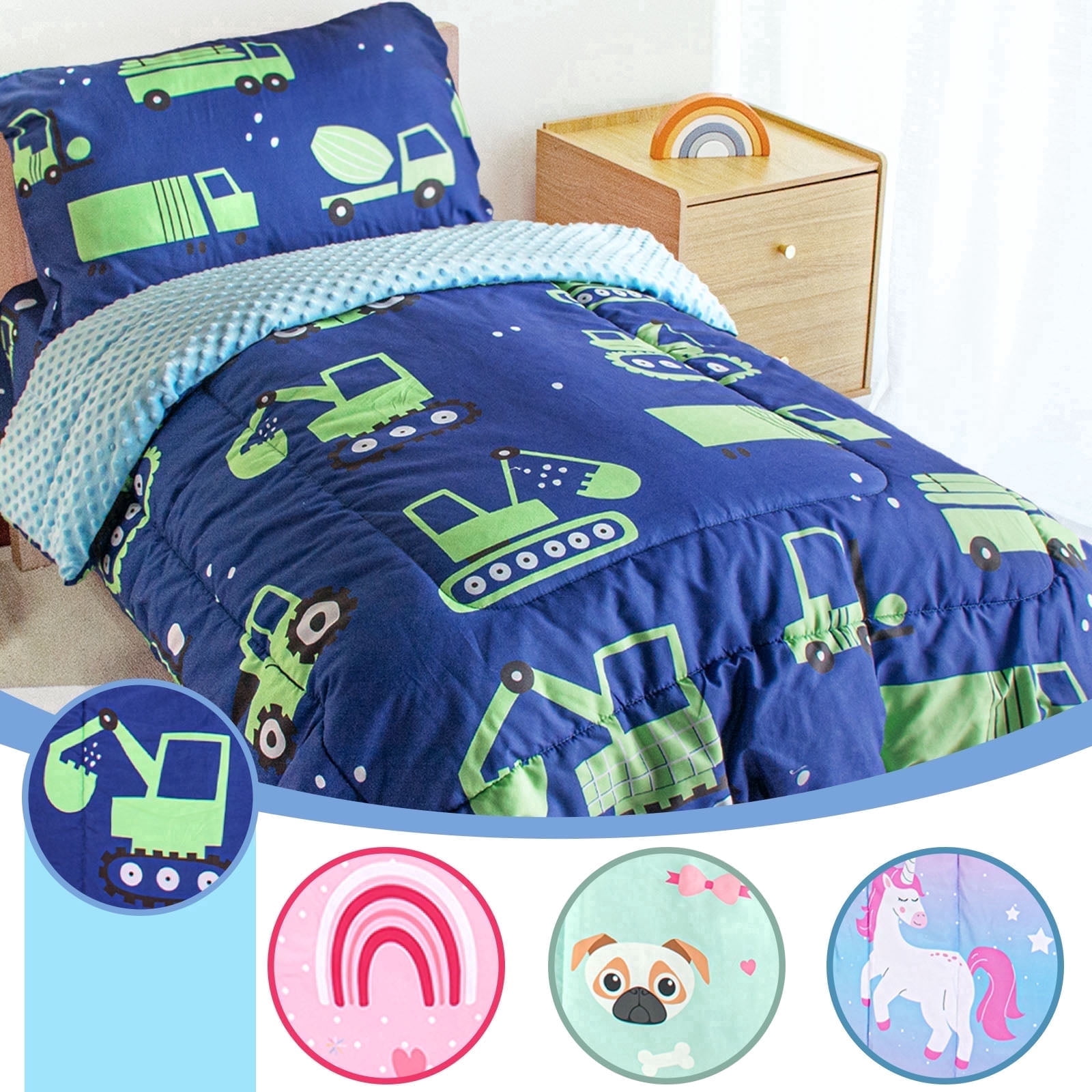 Beavtaens 4-Piece Toddler Bedding Set, Soft Breathable Comforter and Sheet Set for Boys (Green Cars, 4-Piece Set) hnq6k
