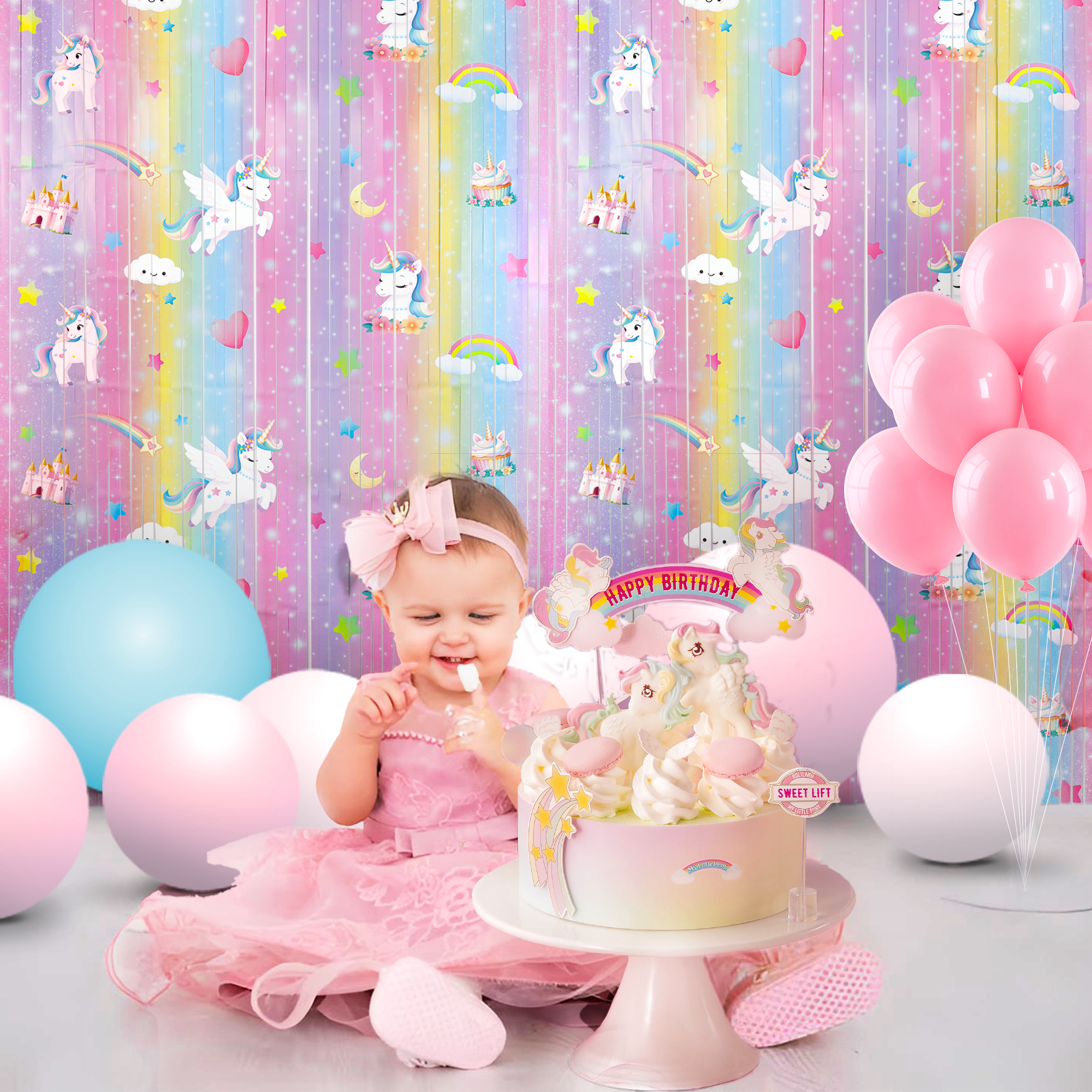 Sinekong Unicorn Tinsel Foil Fringe Curtains, Pastel Rainbow Party Backdrop (2 Pack, 3.3 ft x 6.6 ft) njl2w