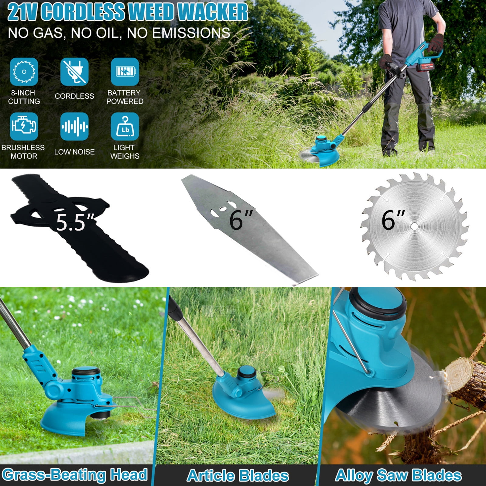 Susuzi 21V Cordless String Trimmer, Extendable Weed Wacker with 3-in-1 Cutting Blades (Blue, 1 Unit) dykw0