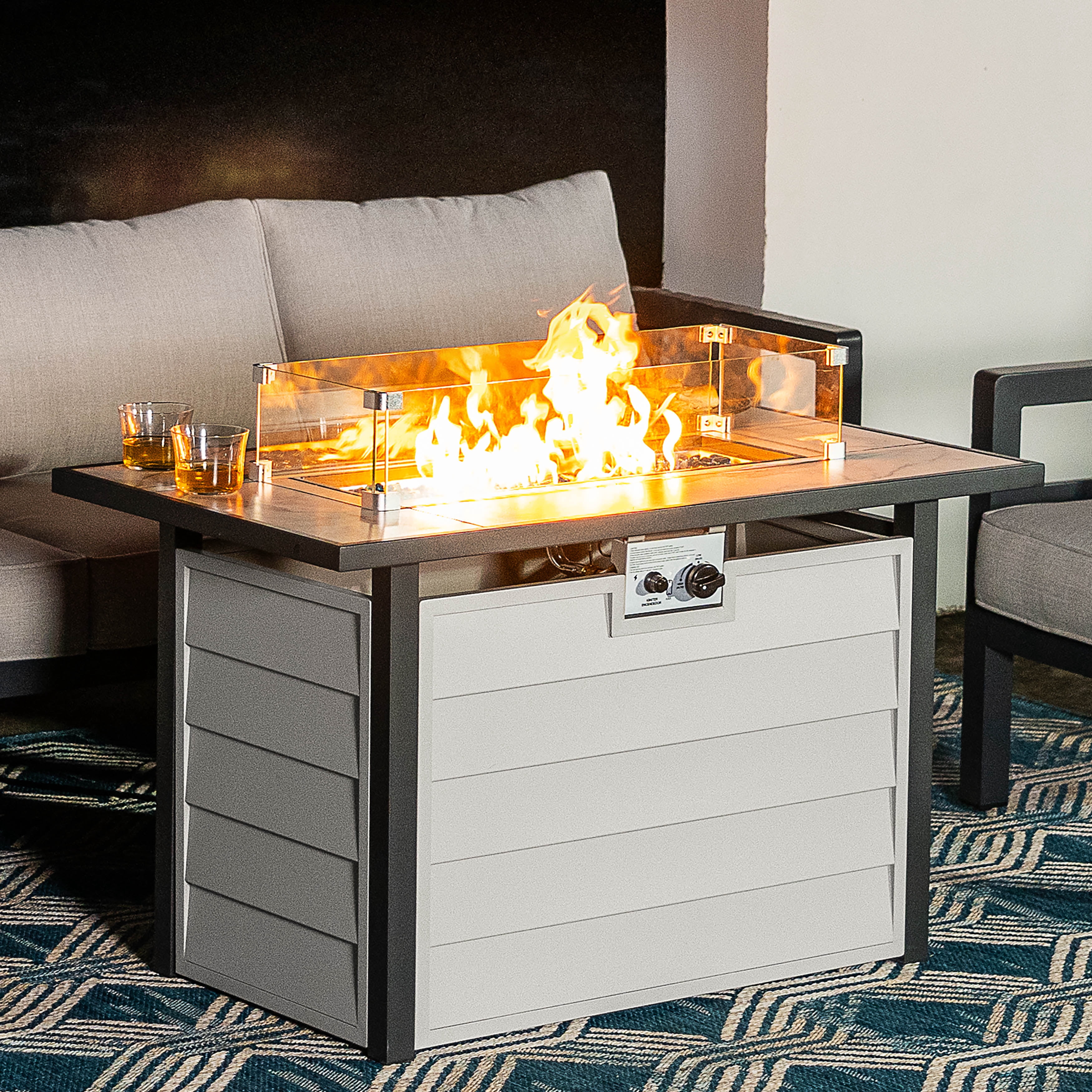 Nuu Garden 43 in Propane Fire Pit Table with Marble Texture Glass Top, 50,000 BTU Outdoor Gas Fireplace with Wind Guard and Lid (Ivory White, 43 in) 8llz3