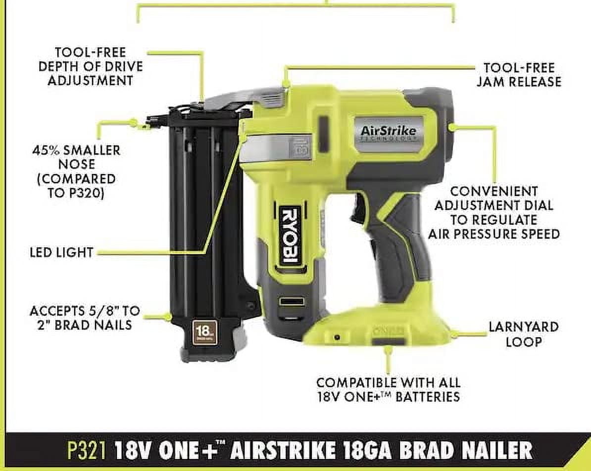 Ryobi P320 18V ONE+ Cordless Brad Nailer (18-Gauge, 2 in. Capacity) 6cdmx