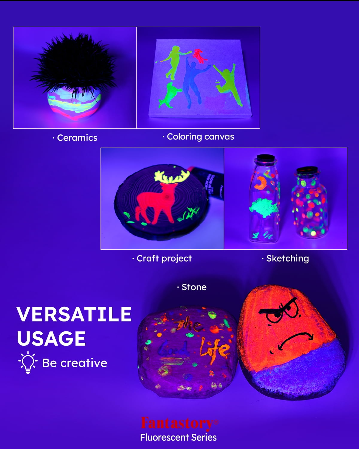 Fantastory Glow in The Dark Acrylic Paint Set, Fluorescent Neon Colors for Arts and Crafts (10 Pack, 2 fl oz) sehv9