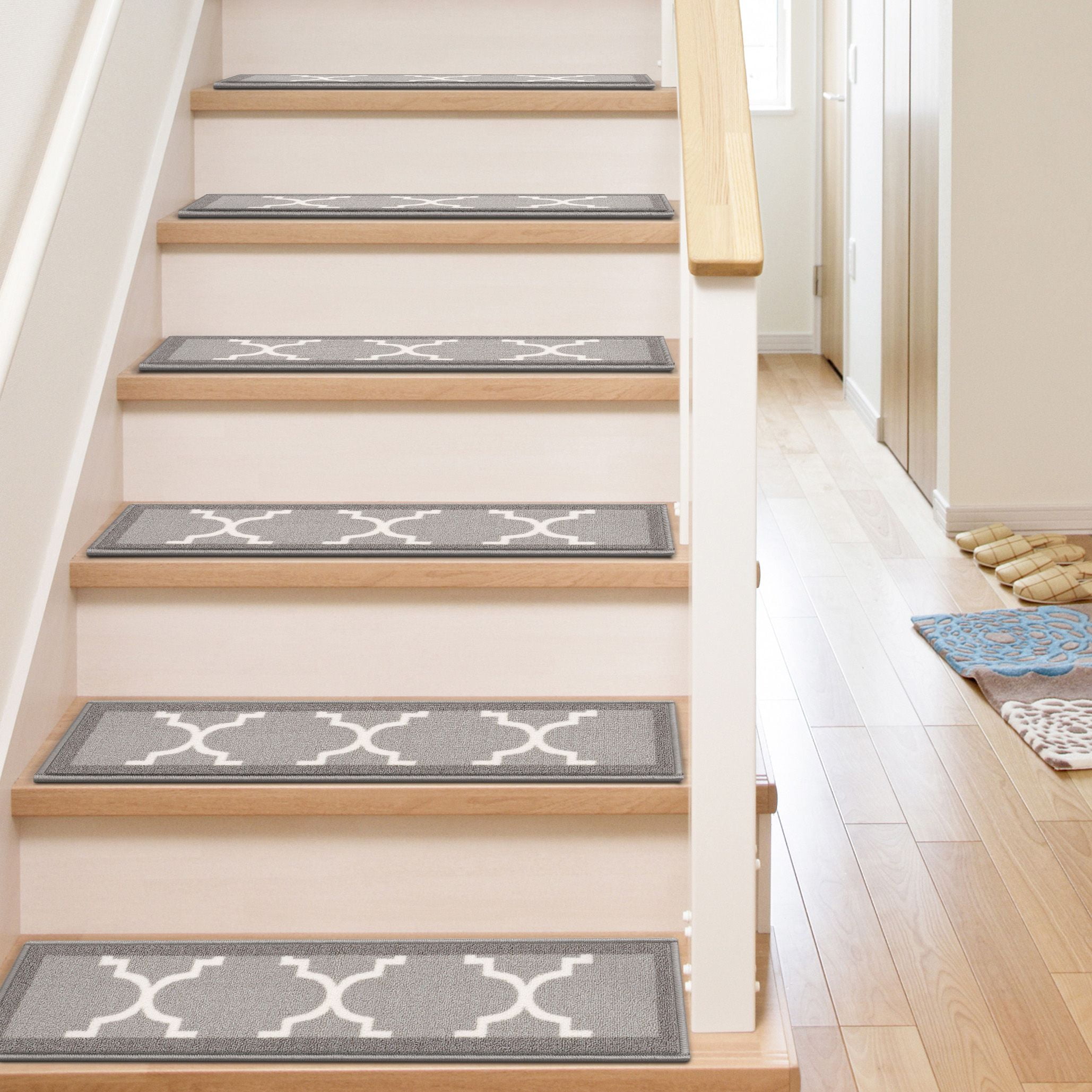 Well Woven Brooklyn Geometric Stair Treads, Non-Slip Flatwoven Rugs (Grey, 9 in x 31 in, Set of 7) 9x3tc