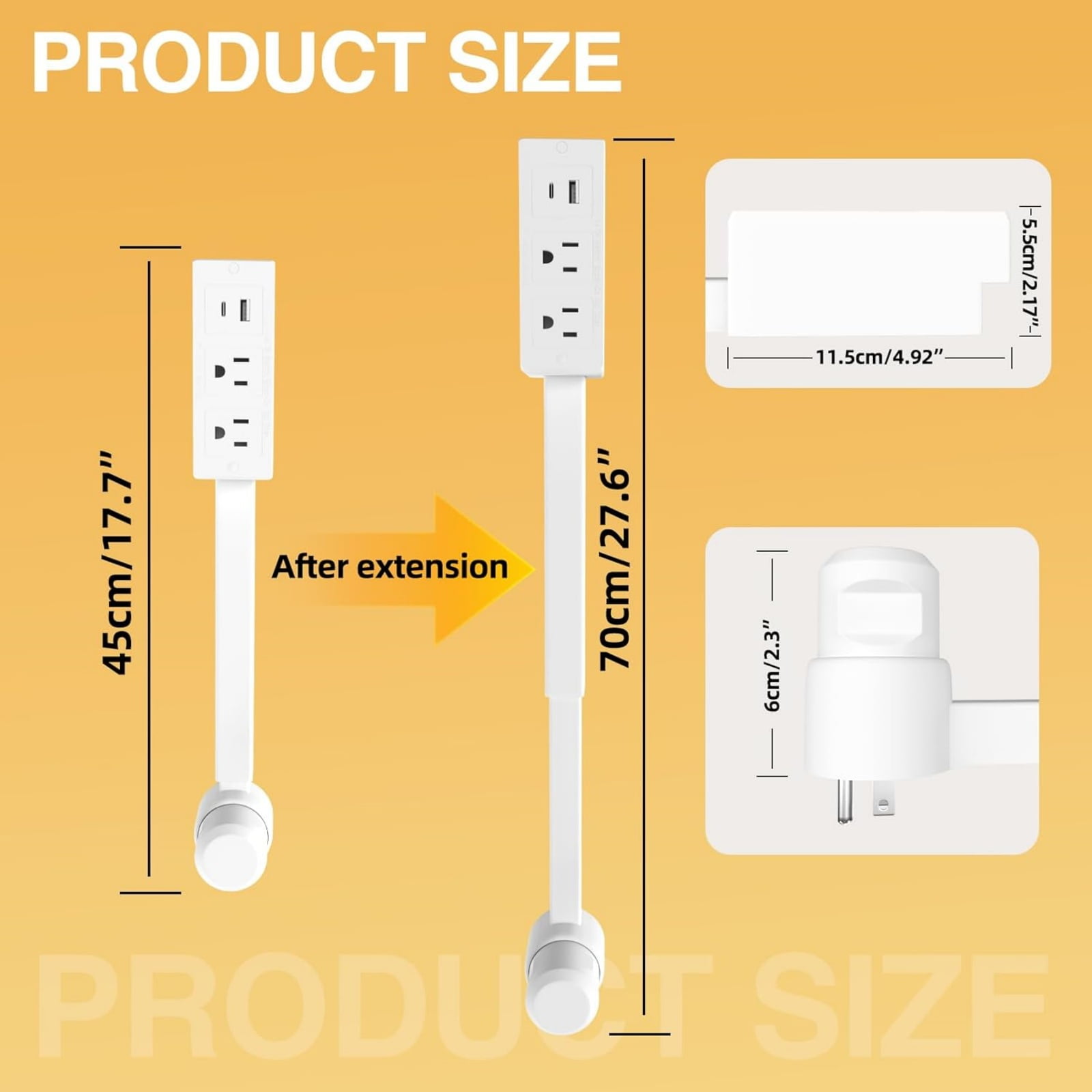 Demine Electrical Outlet Extender Stick with USB-A, USB-C, and 2 AC Ports (White, 18 in to 27 in) le64l