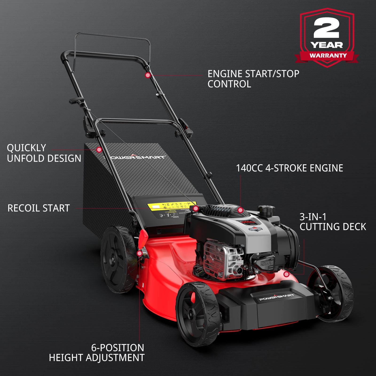 PowerSmart 21-in 140cc Gas Powered Push Lawn Mower, 2-in-1 Mulching and Bagging (Black, 21-in Deck) pvpyl