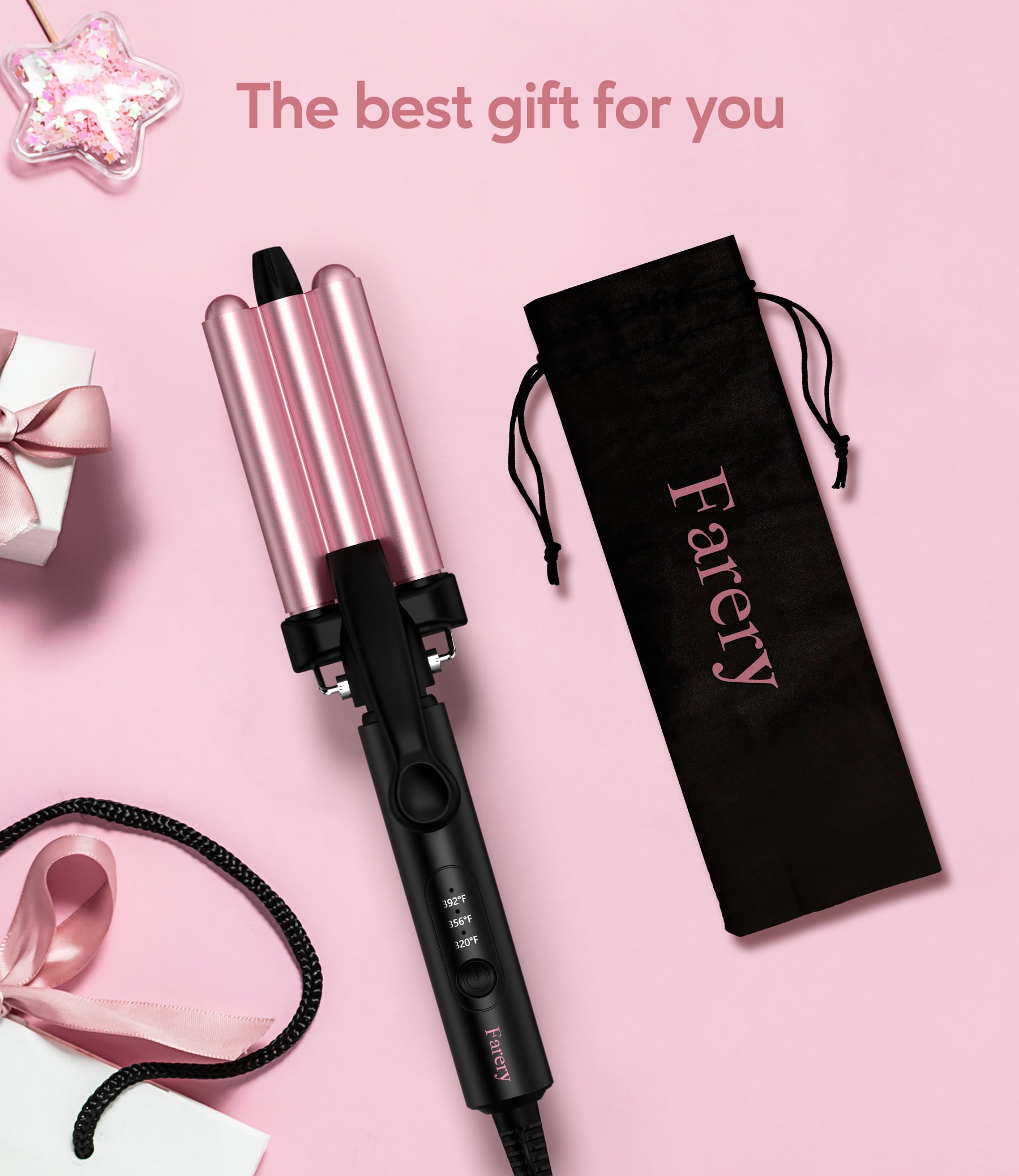 Farery Mini Hair Crimper, 3-Barrel Waver for Textured Waves and Volume (Rose Pink, 9.5 in) zwu4c
