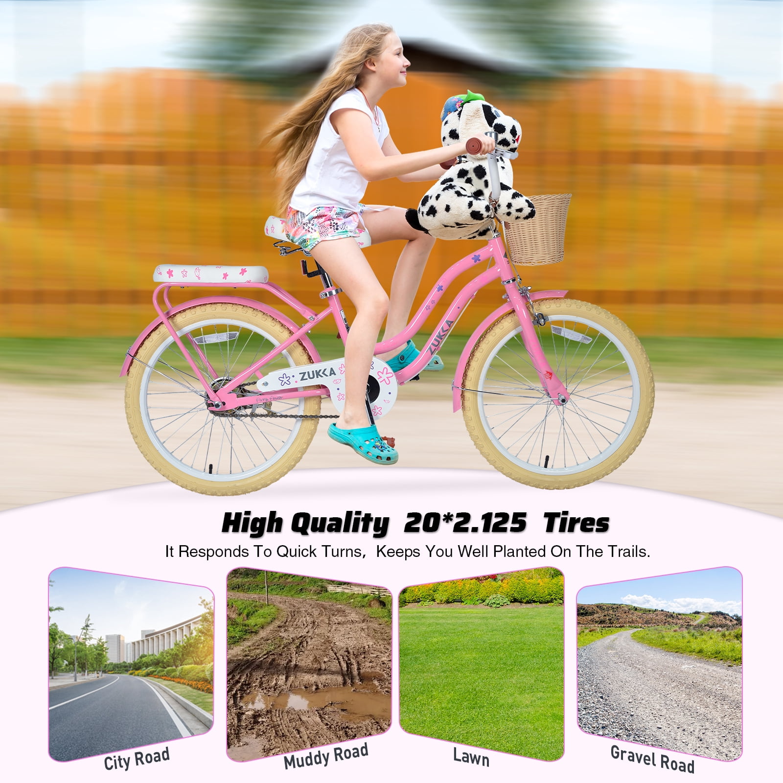 Aukfa Girls 20 in Bicycle with Basket, Durable Steel Frame Kids Bike (Pink, 20 in) cflik
