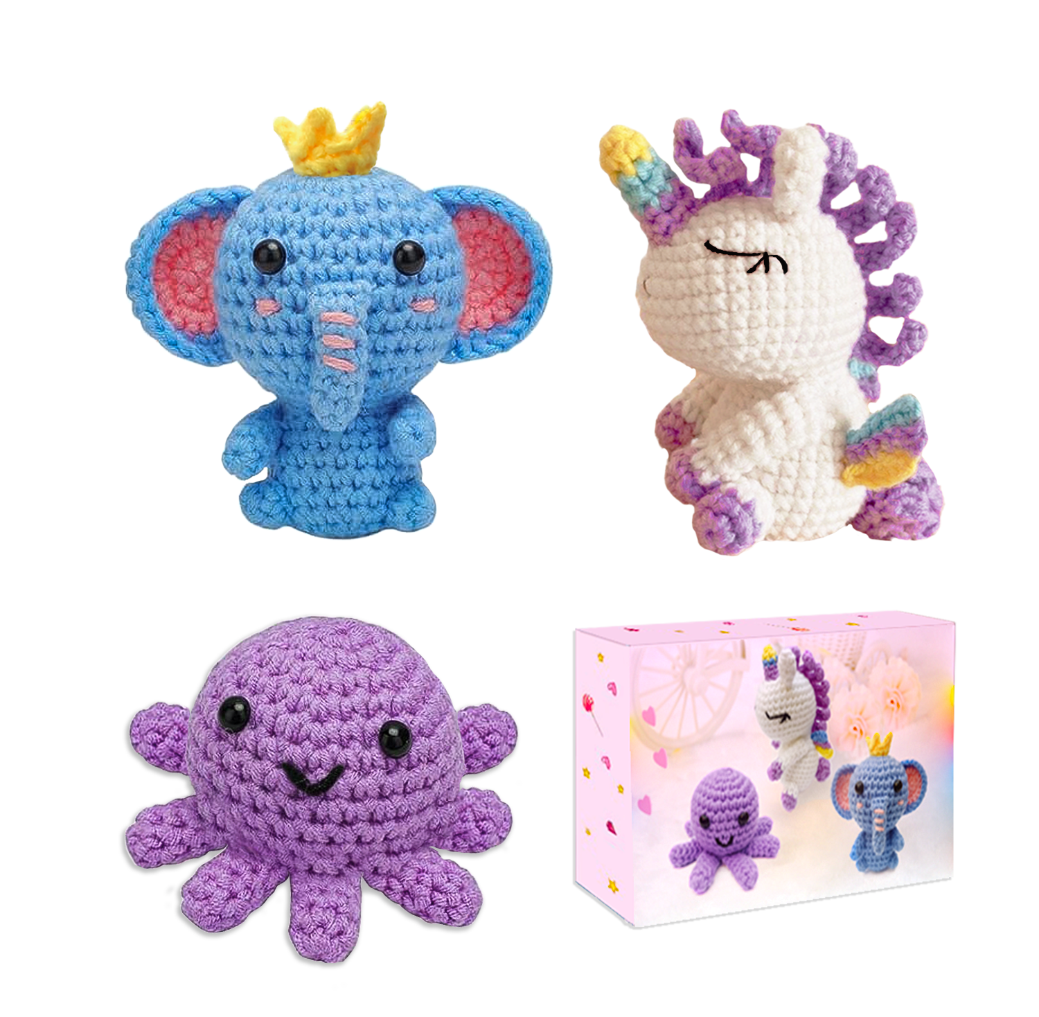 Yarniss Beginner Crochet Kit, DIY Animal Craft Set for Unicorn, Octopus, and Elephant (Multi-Color, 1 Pack) 1j3ni