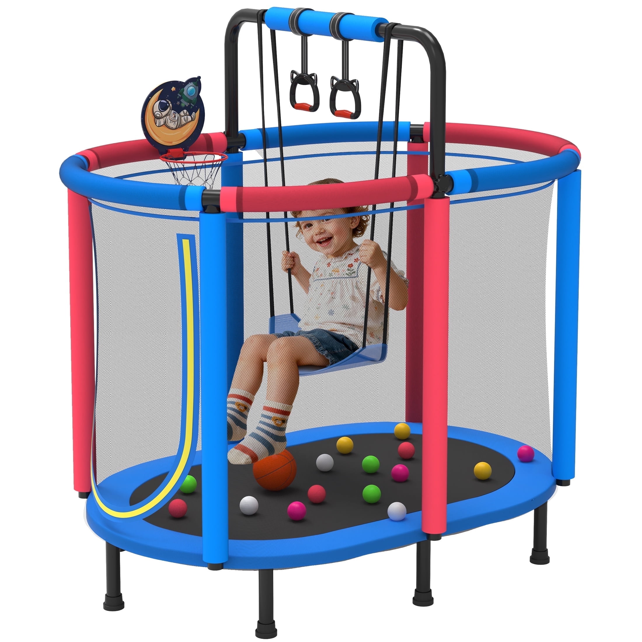 Segmart Kids Trampoline with Safety Enclosure, Basketball Hoop, Swing, and Gymnastic Rings (Blue, 60 in) zgj3e