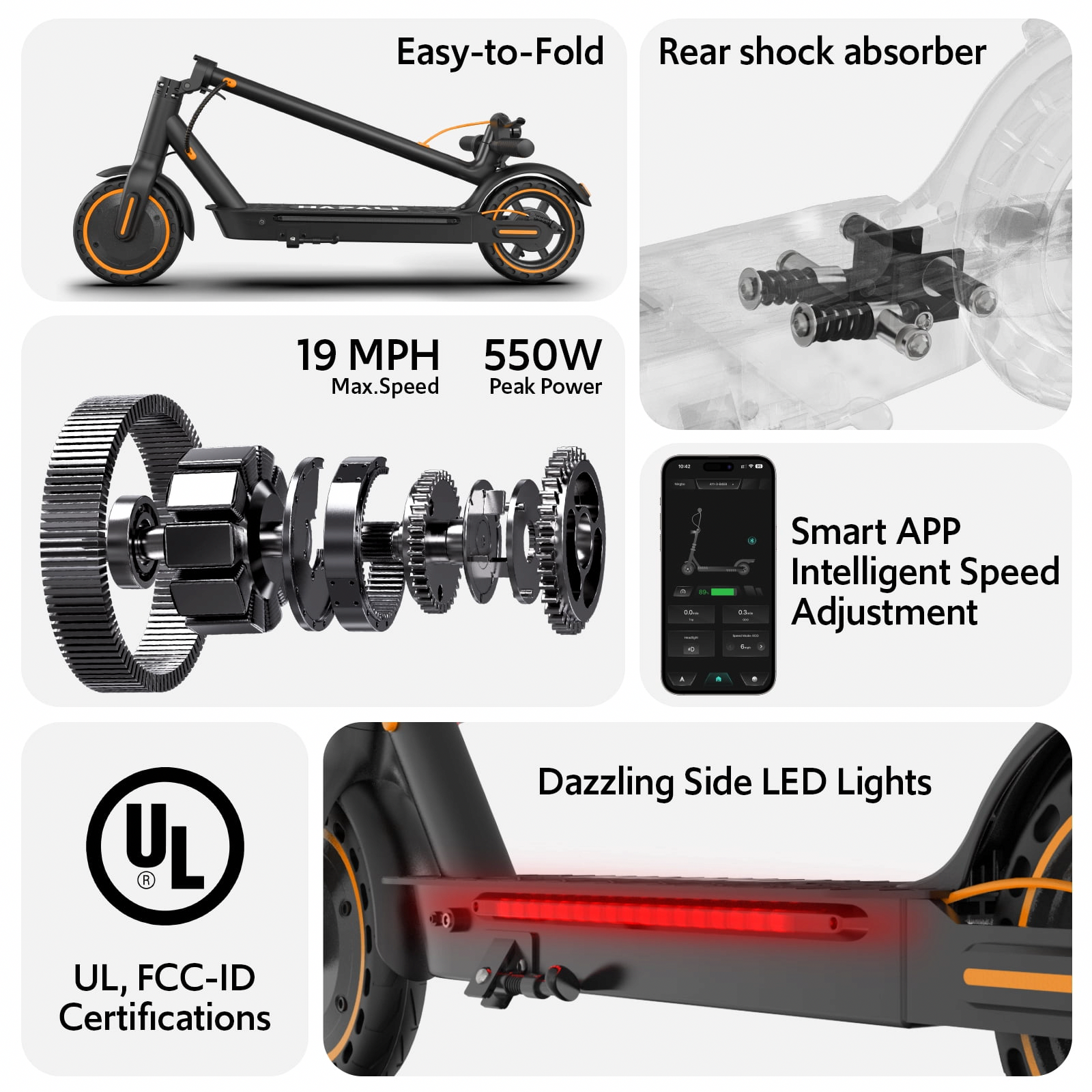 OSBOO Electric Scooter for Adults, 550W Motor Foldable Commuter with App Control and Side Lights (Black) fqvha