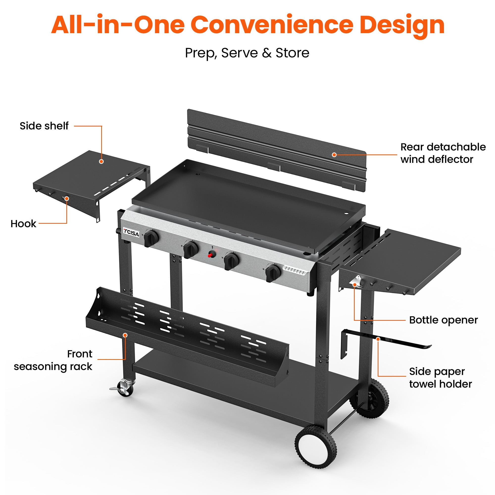 Tcisa 4 Burner Propane Gas Griddle with Standing Cart and Hood (Black, 400 sq in) 3zpub