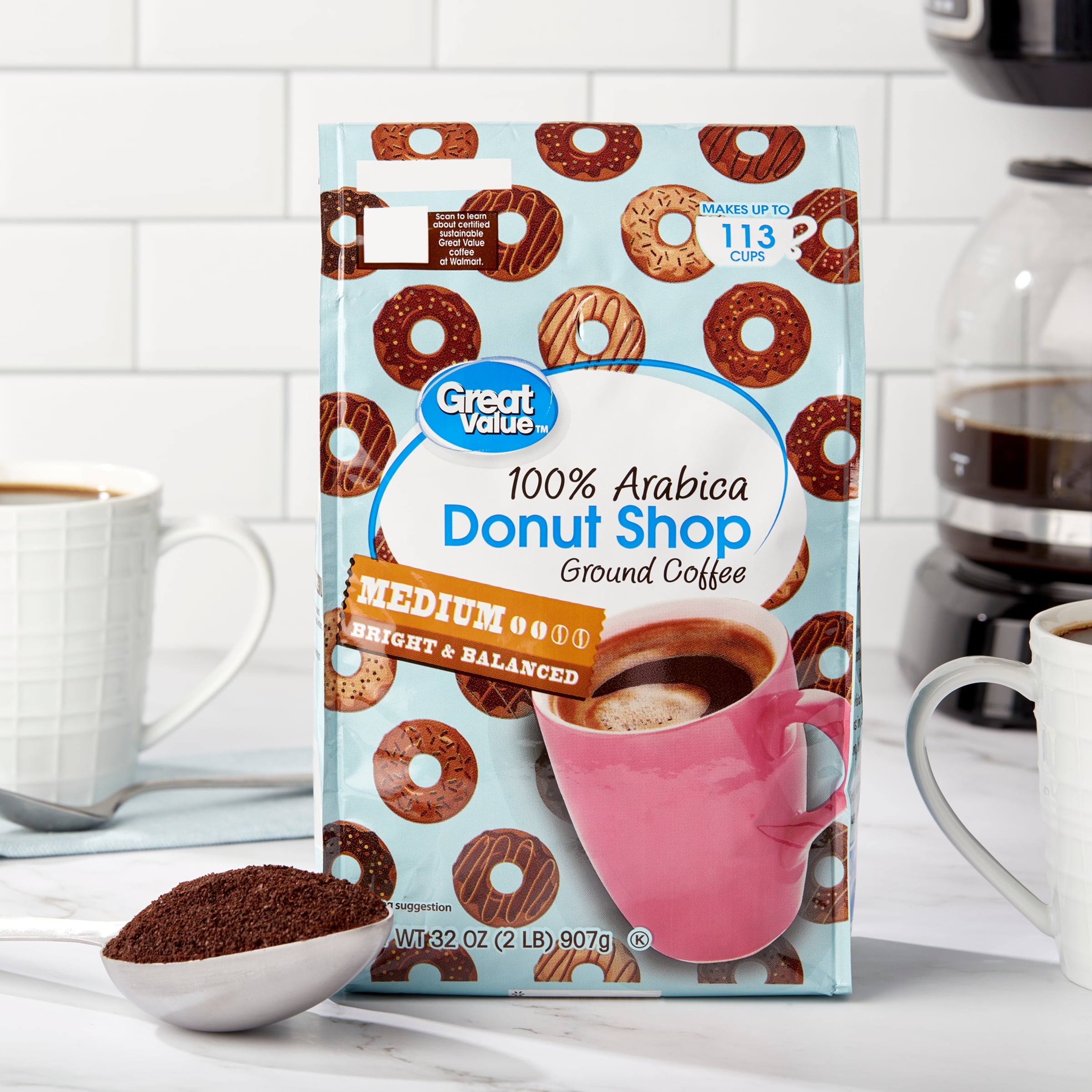 Great Value Donut Shop Ground Coffee, Medium Roast, Arabica Beans (32 oz) tjk16