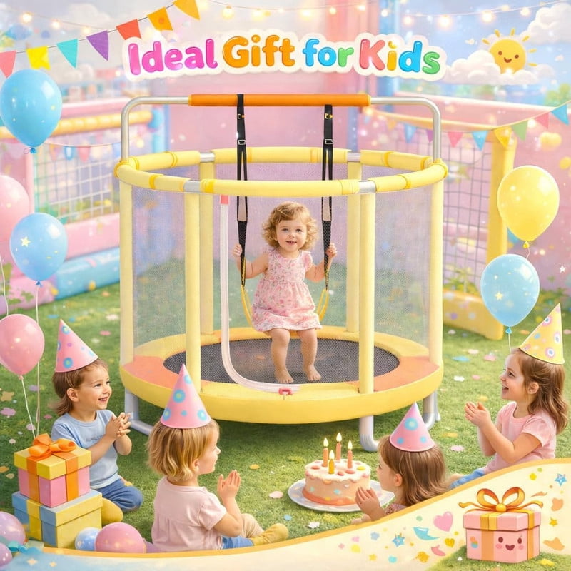 SIMENMAX 55 in Kids Trampoline with Enclosure, 4-in-1 Toddler Activity Center with Gymnastics Bar, Basketball Hoop, and Swing (Yellow, 55 in) cnizl